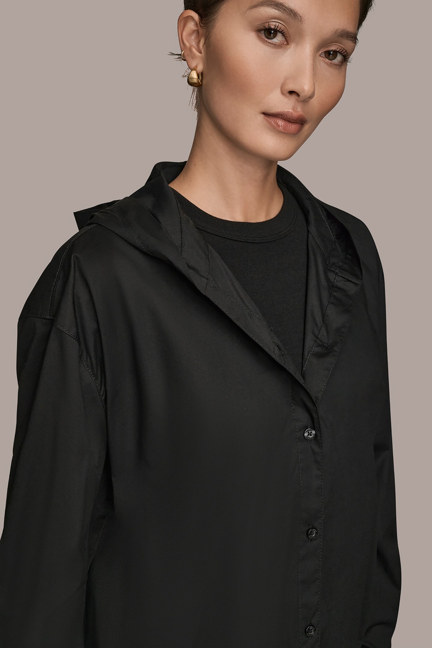 Black HOODED BUTTON-DOWN SHIRT Donna Karan