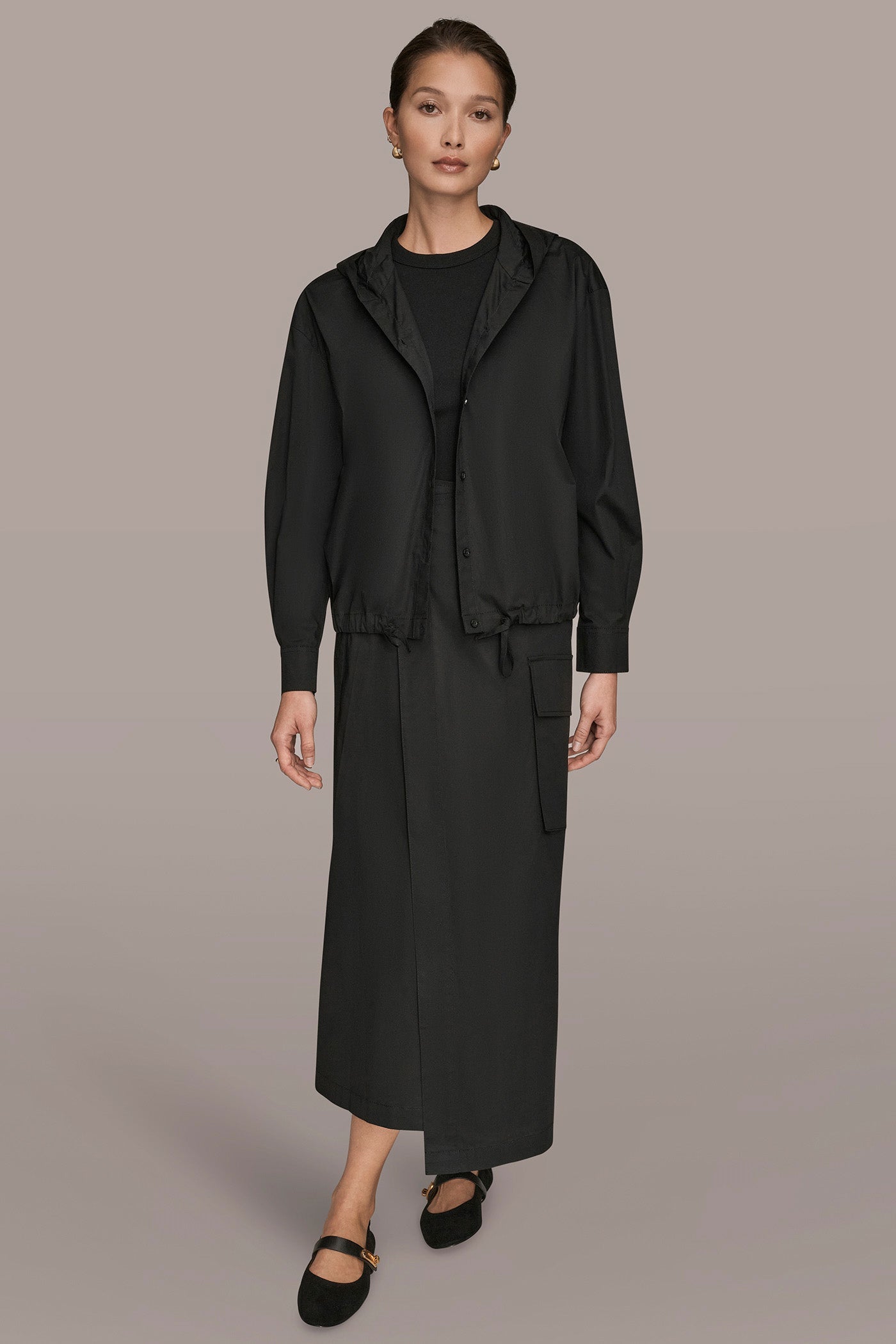Black HOODED BUTTON-DOWN SHIRT Donna Karan