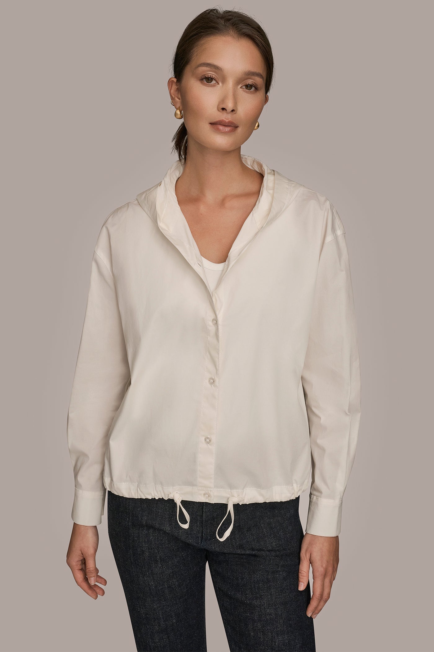 CREAM HOODED BUTTON-DOWN SHIRT Donna Karan