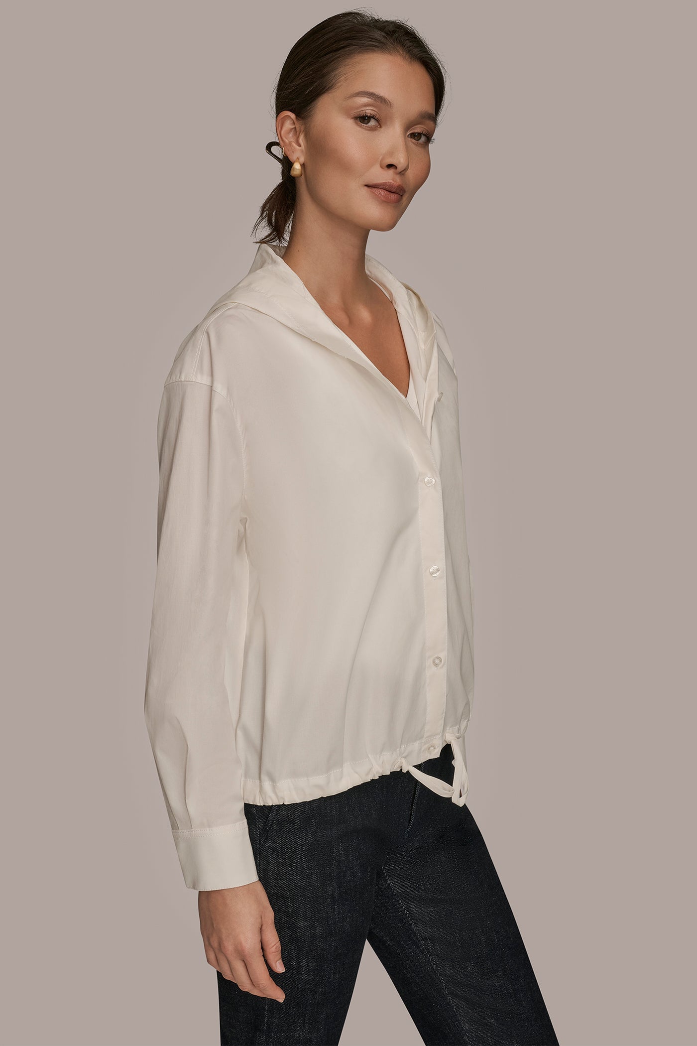 CREAM HOODED BUTTON-DOWN SHIRT Donna Karan