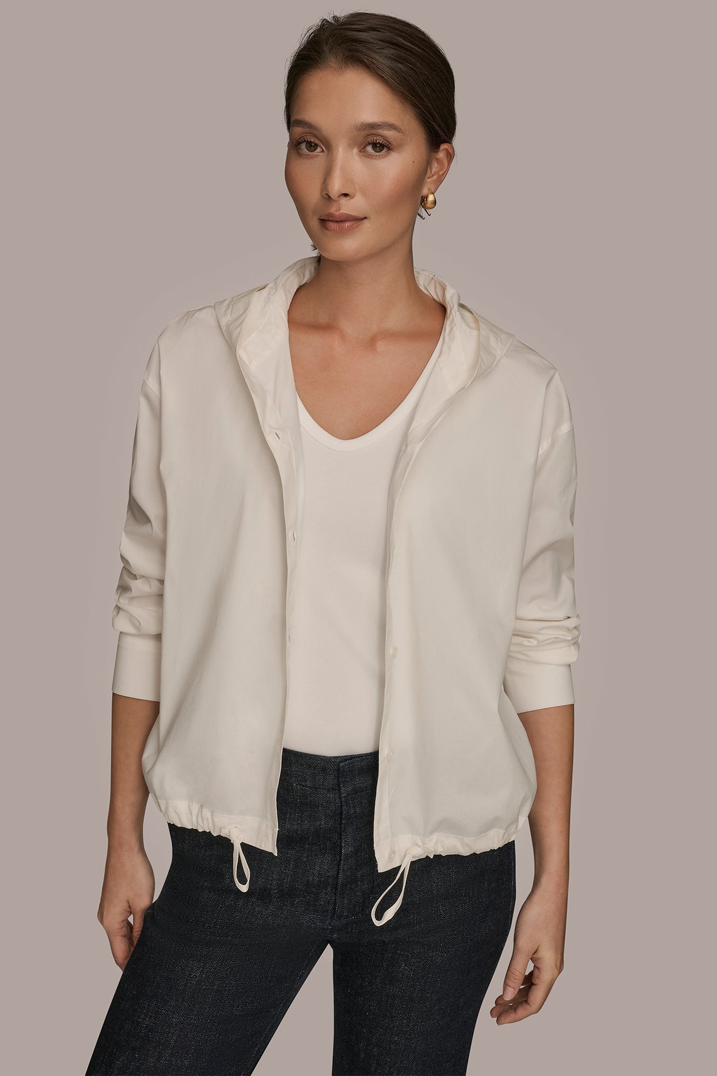 CREAM HOODED BUTTON-DOWN SHIRT Donna Karan