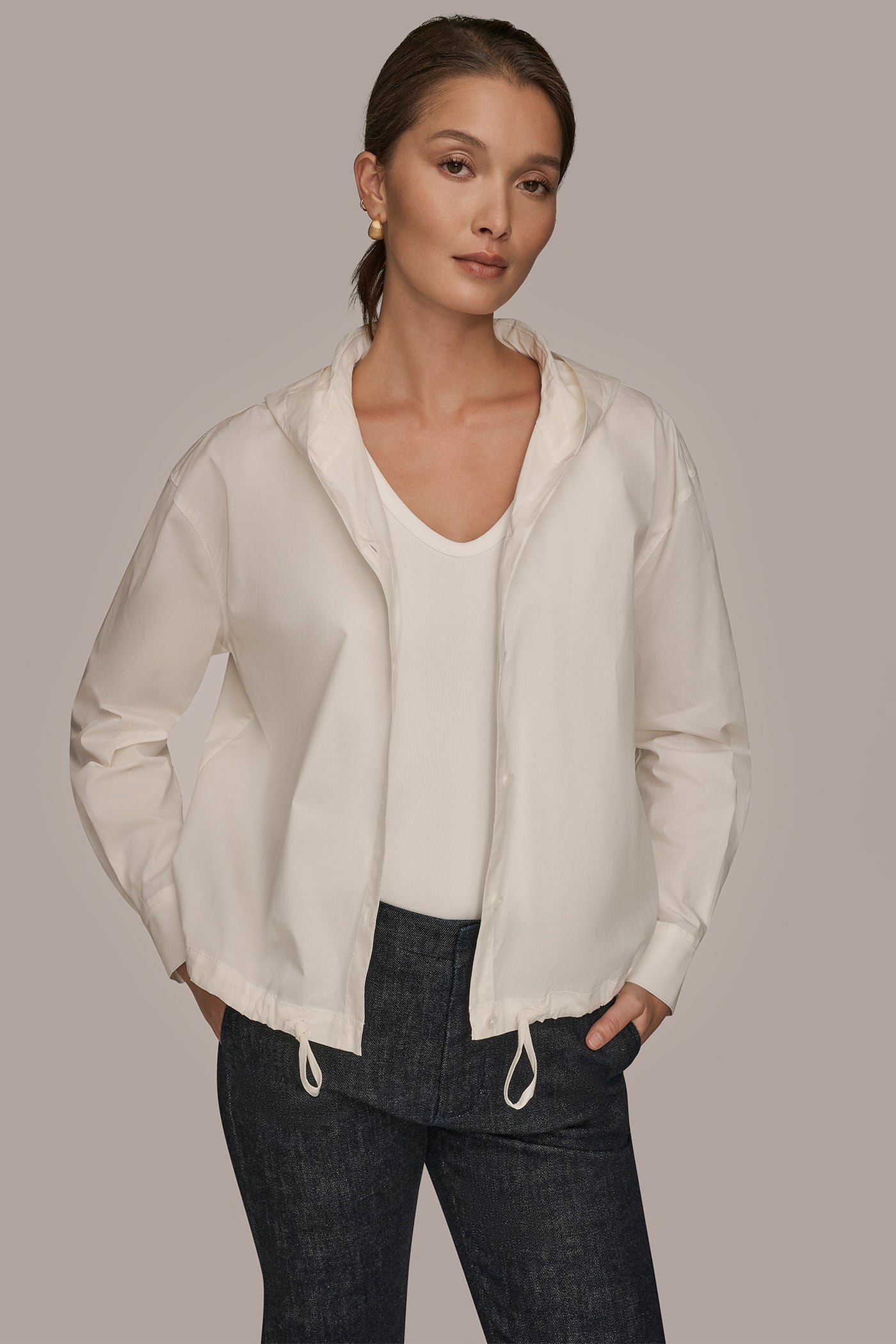 CREAM HOODED BUTTON-DOWN SHIRT Donna Karan