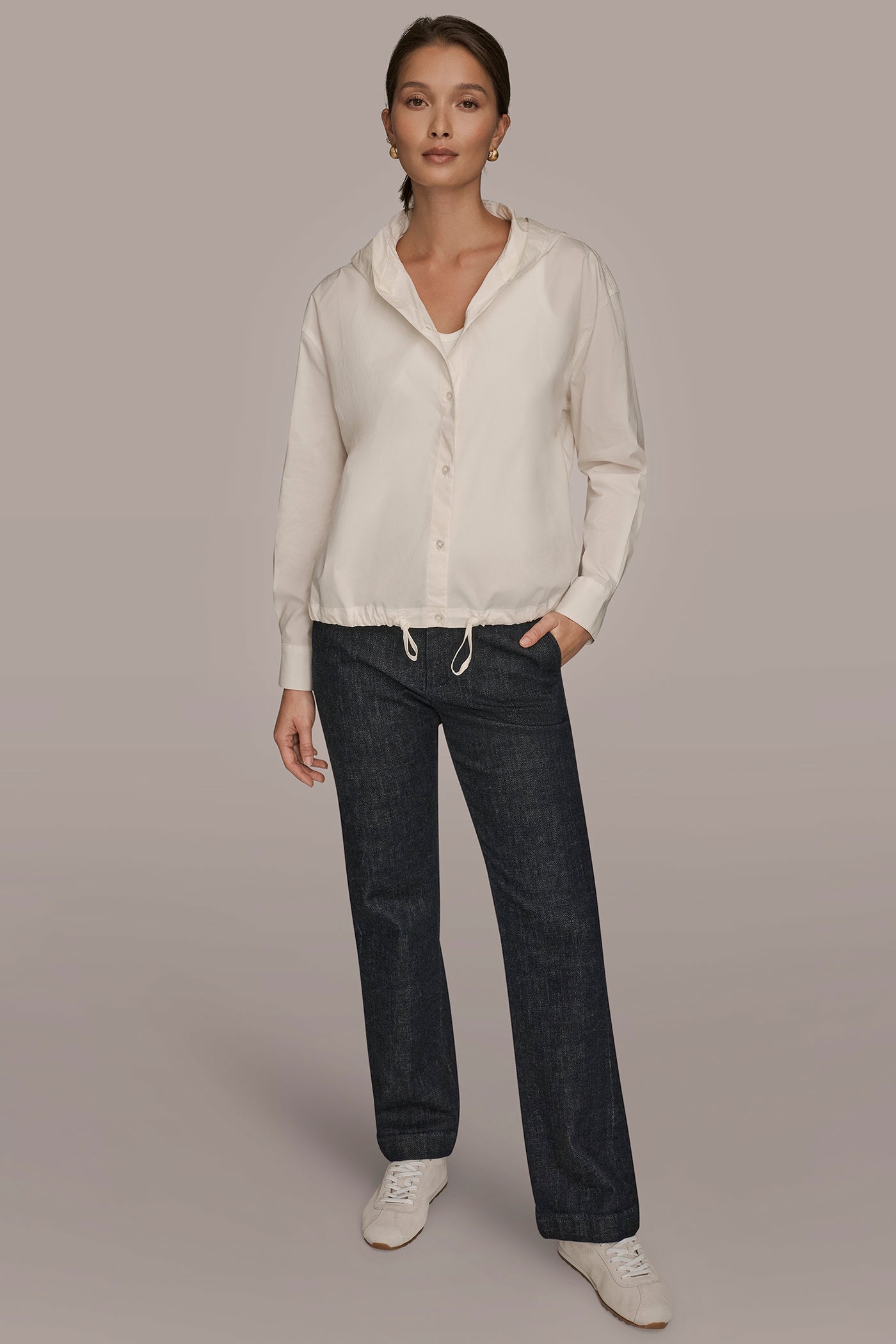 CREAM HOODED BUTTON-DOWN SHIRT Donna Karan