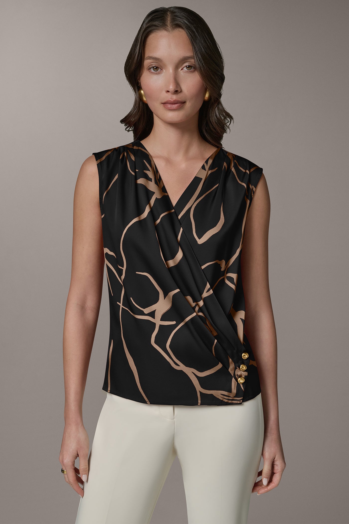 Black /Fawn SLEEVELESS WRAP EFFECT PRINT BLOUSE Donna Karan