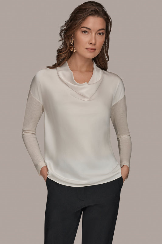 cream LONG SLEEVE COWL-NECK MIXED-MEDIA SWEATER Donna Karan
