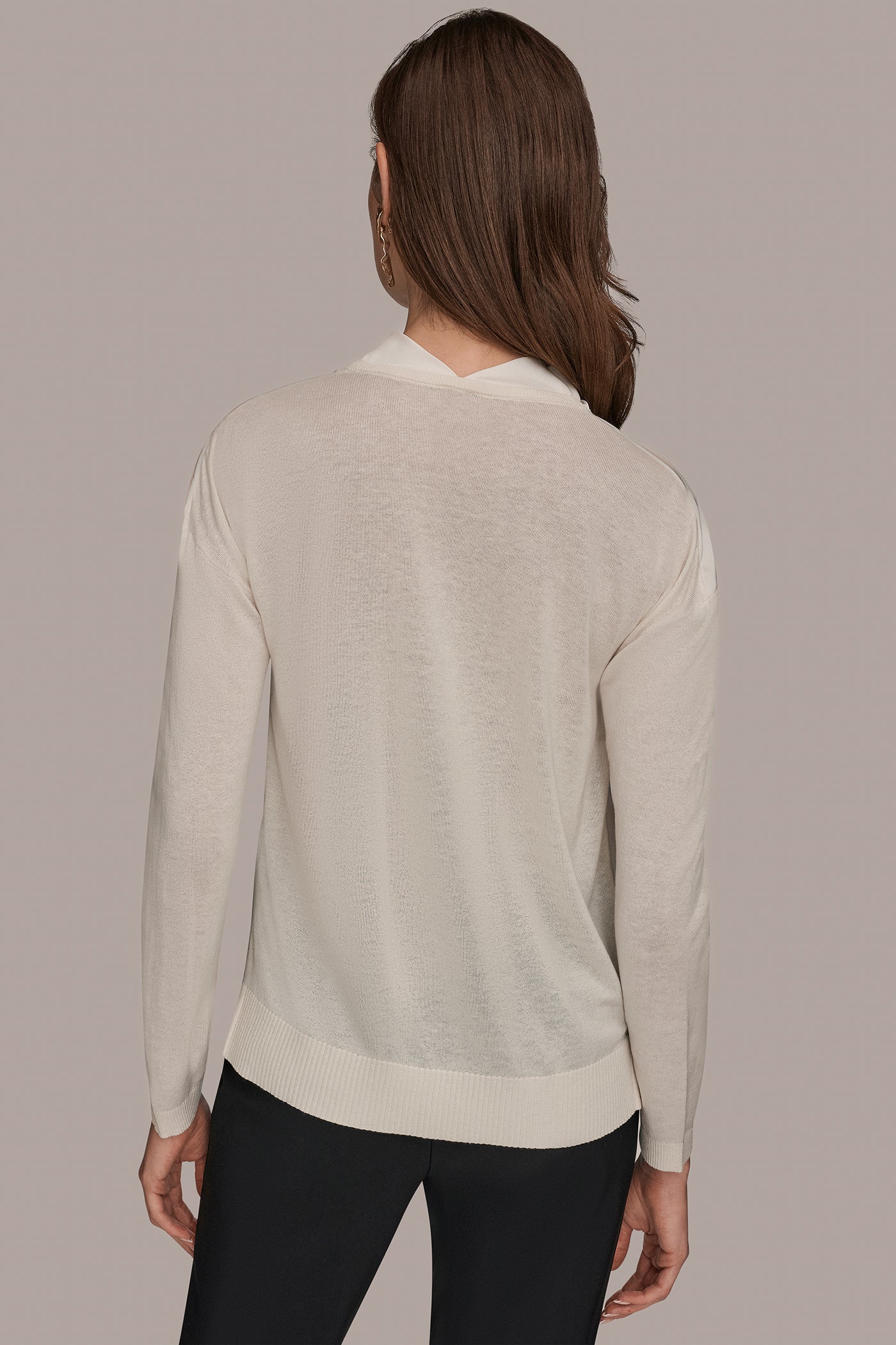 cream LONG SLEEVE COWL-NECK MIXED-MEDIA SWEATER Donna Karan