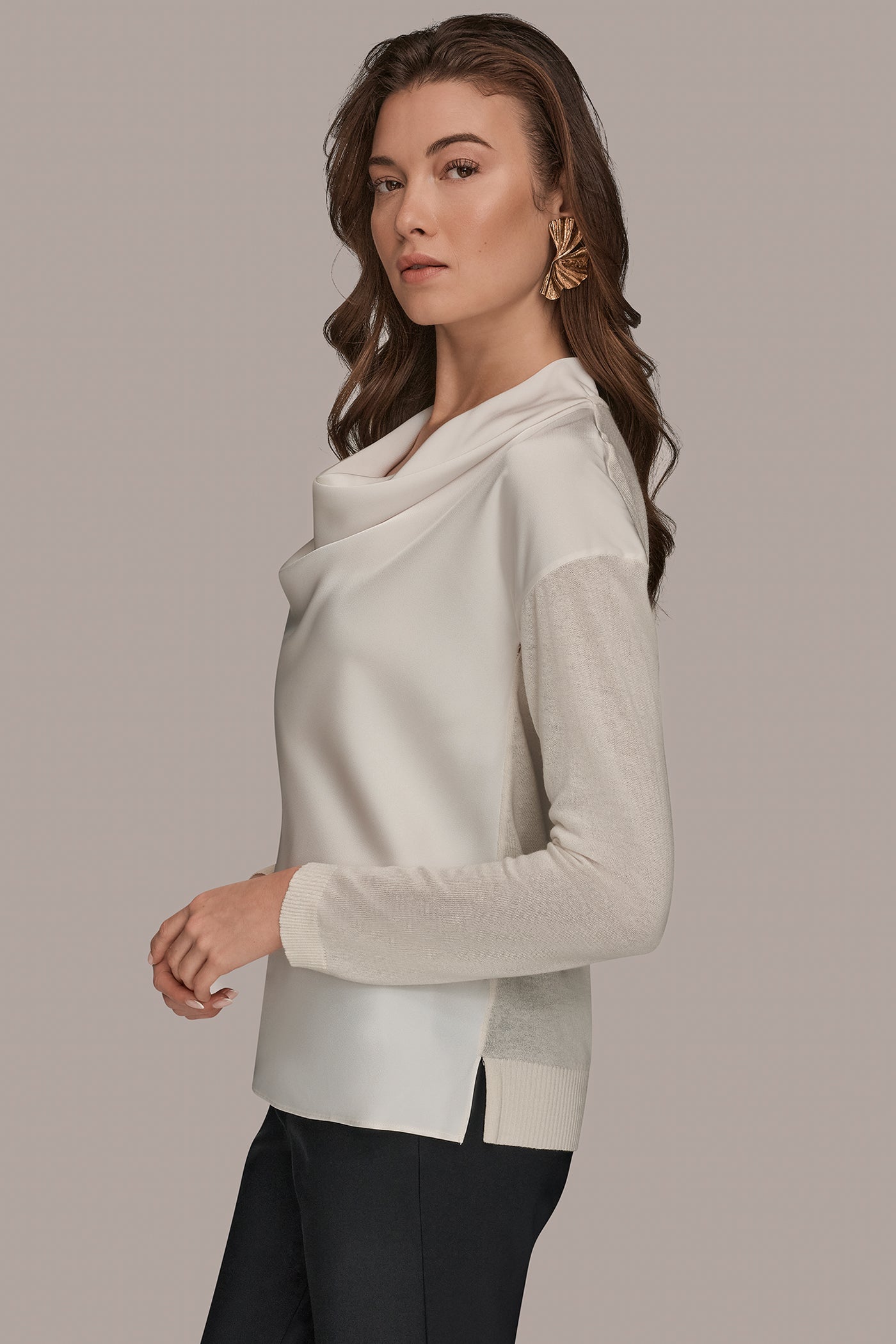 cream LONG SLEEVE COWL-NECK MIXED-MEDIA SWEATER Donna Karan