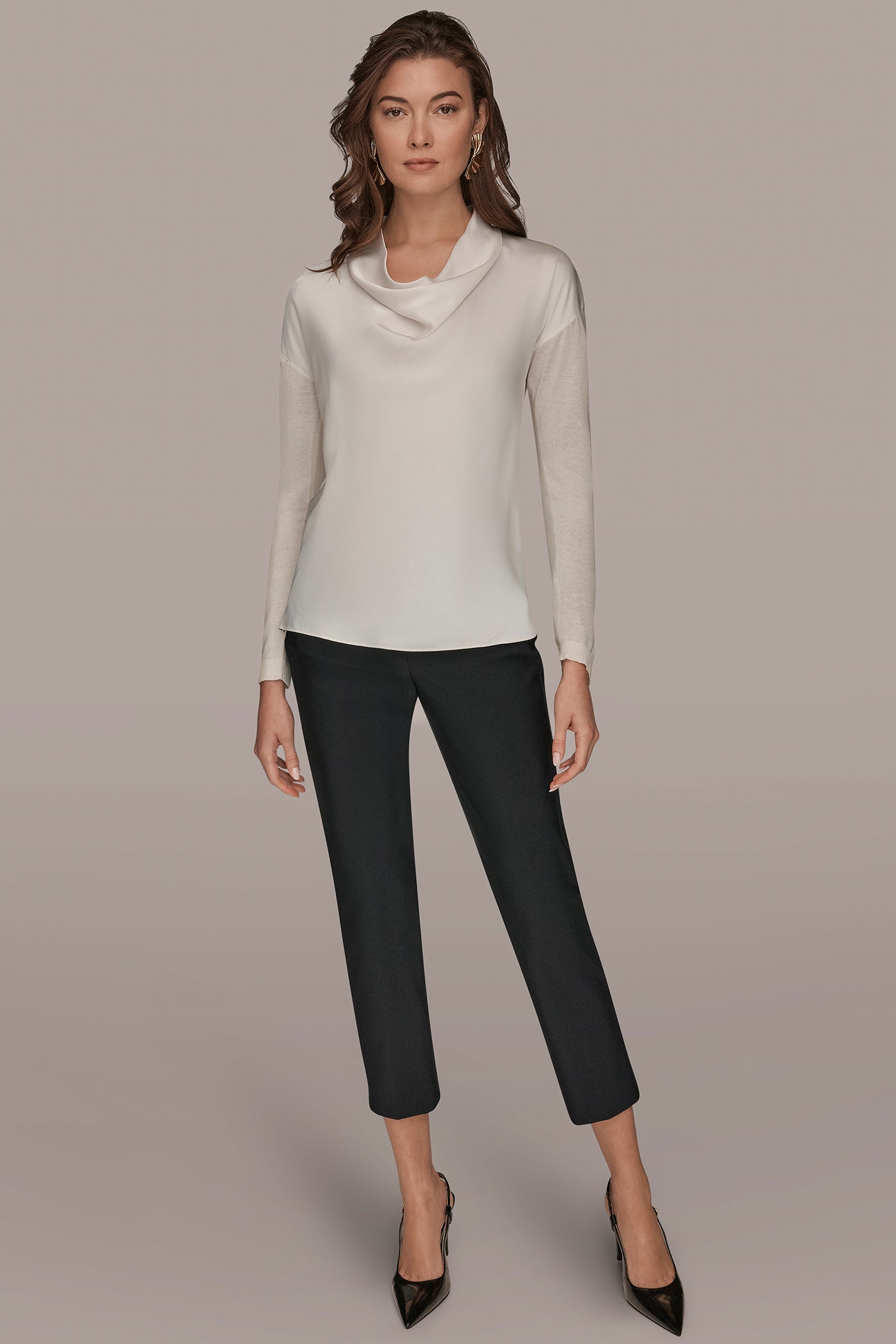cream LONG SLEEVE COWL-NECK MIXED-MEDIA SWEATER Donna Karan