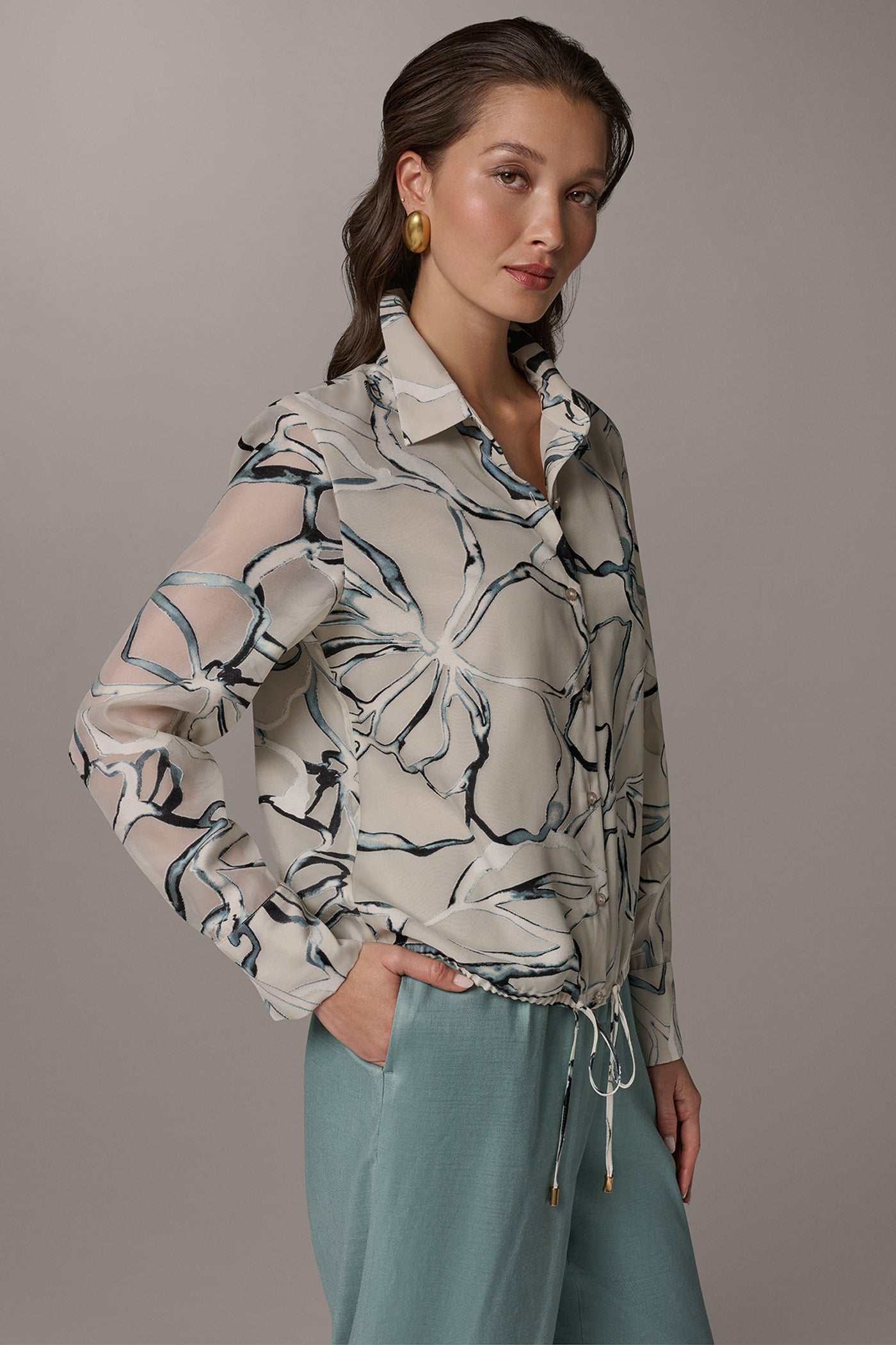 Aquamint Multi BURNOUT DRAWSTRING HEM BLOUSE Donna Karan