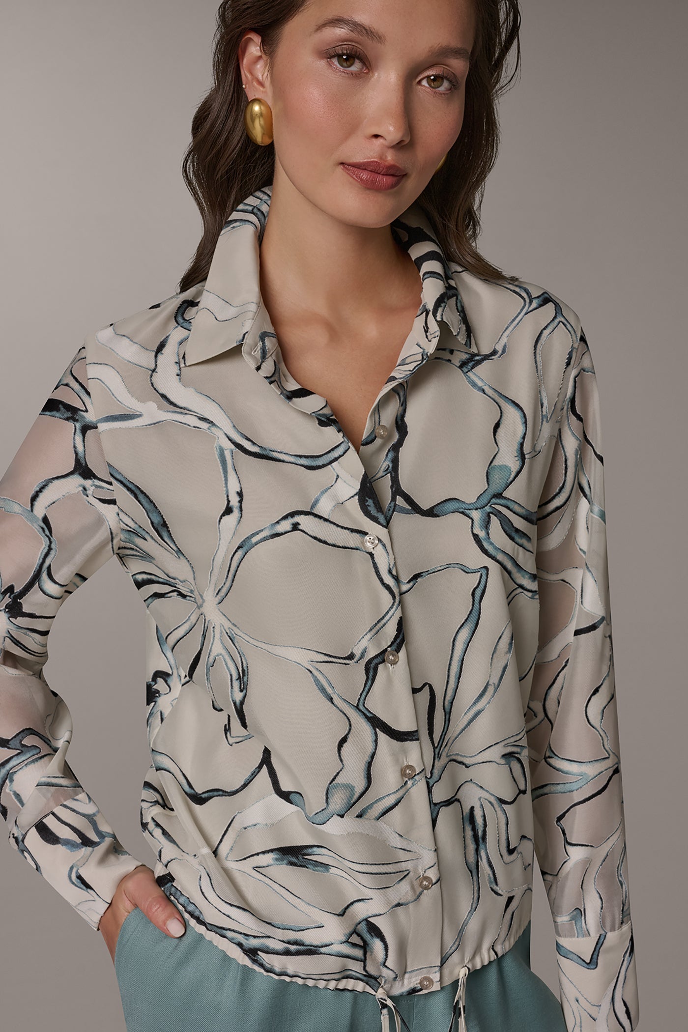 Aquamint Multi BURNOUT DRAWSTRING HEM BLOUSE Donna Karan