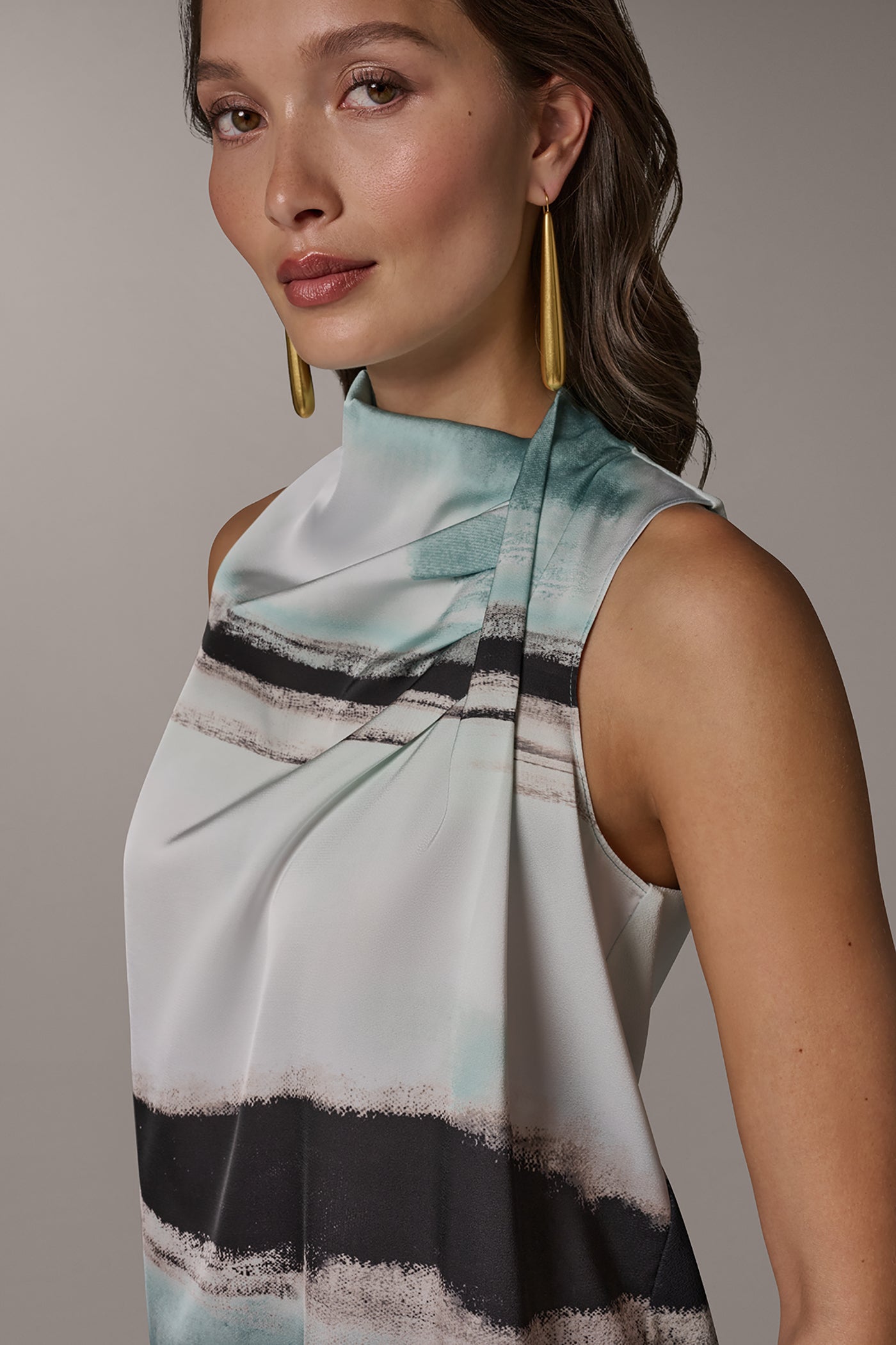 Waterlily Multi STRIPED DRAPE TWIST SHOULDER BLOUSE Donna Karan