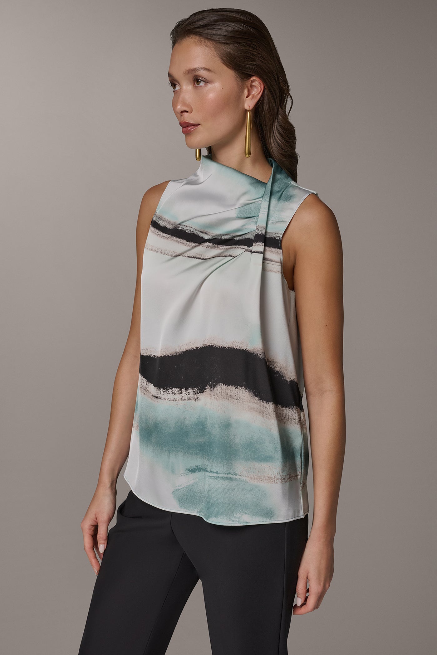 Waterlily Multi STRIPED DRAPE TWIST SHOULDER BLOUSE Donna Karan