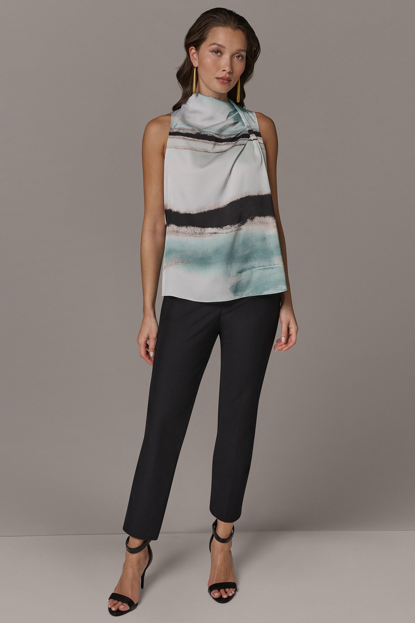 Waterlily Multi STRIPED DRAPE TWIST SHOULDER BLOUSE Donna Karan