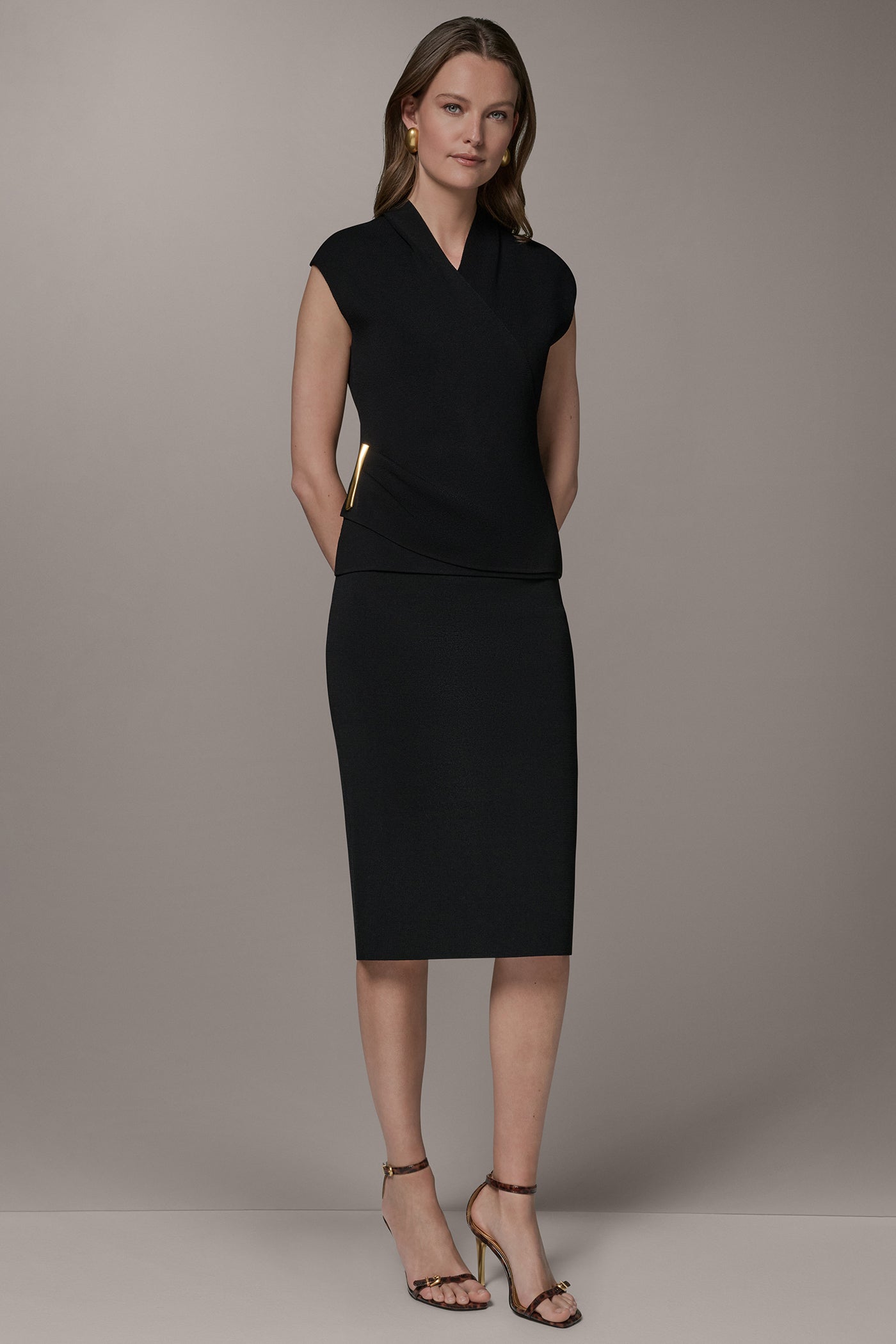 Black V-NECK WRAP-EFFECT TOP Donna Karan