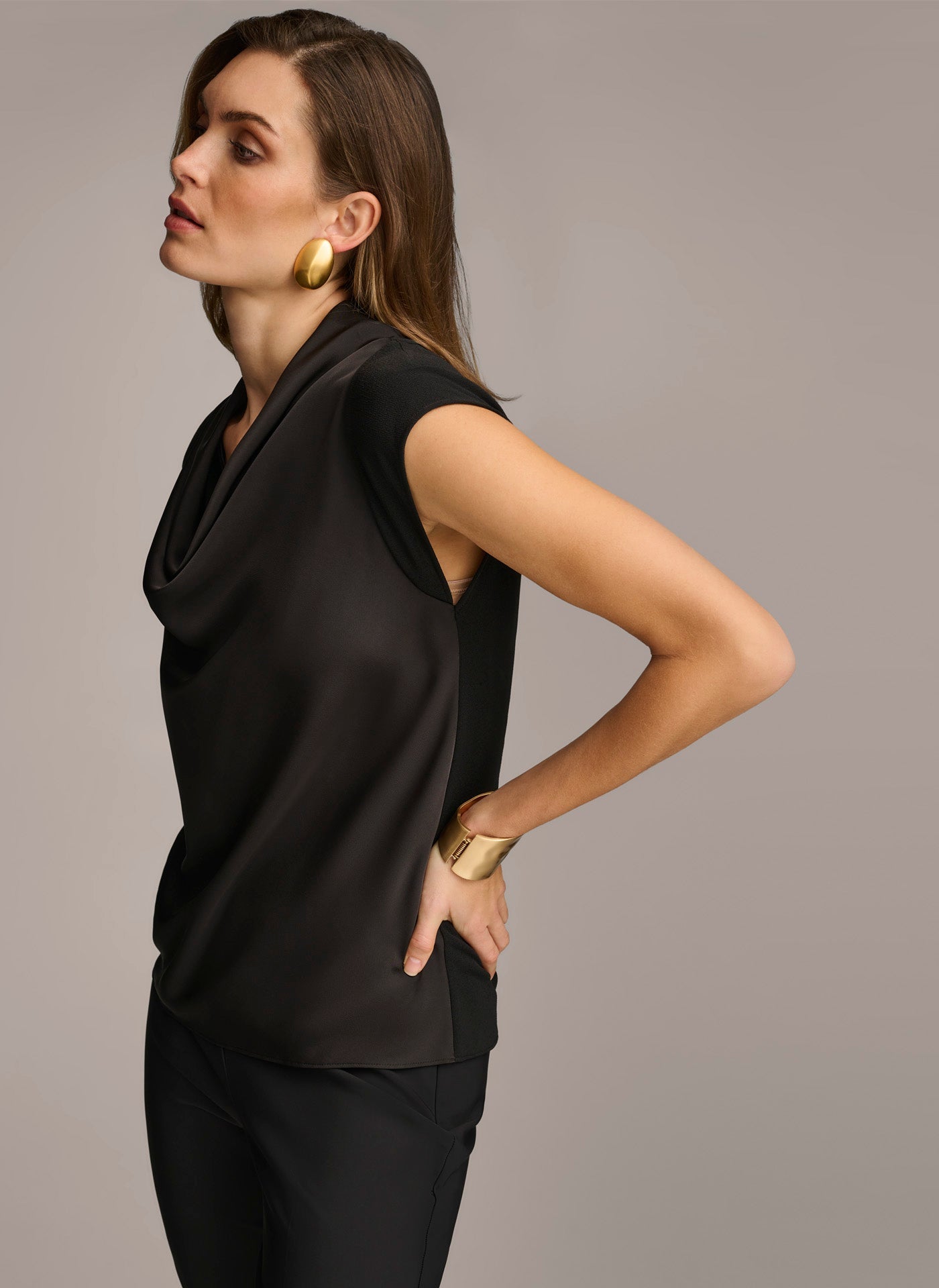 Black SLEEVELESS COWL NECK TOP Donna Karan