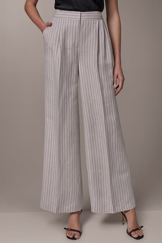 Flax/Black MID-RISE PINSTRIPE PLEATED WIDE-LEG PANT Donna Karan