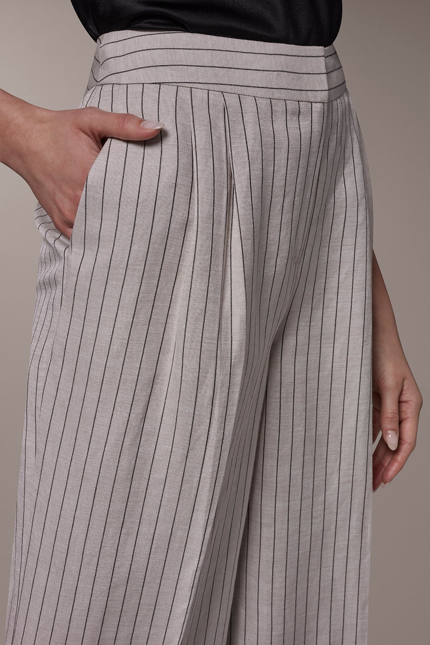 Flax/Black MID-RISE PINSTRIPE PLEATED WIDE-LEG PANT Donna Karan