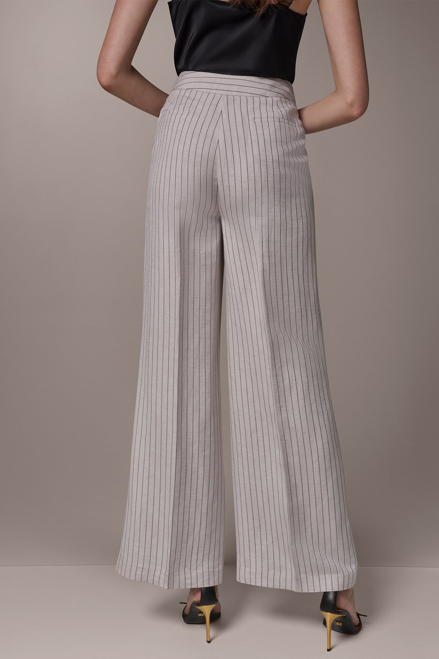Flax/Black MID-RISE PINSTRIPE PLEATED WIDE-LEG PANT Donna Karan