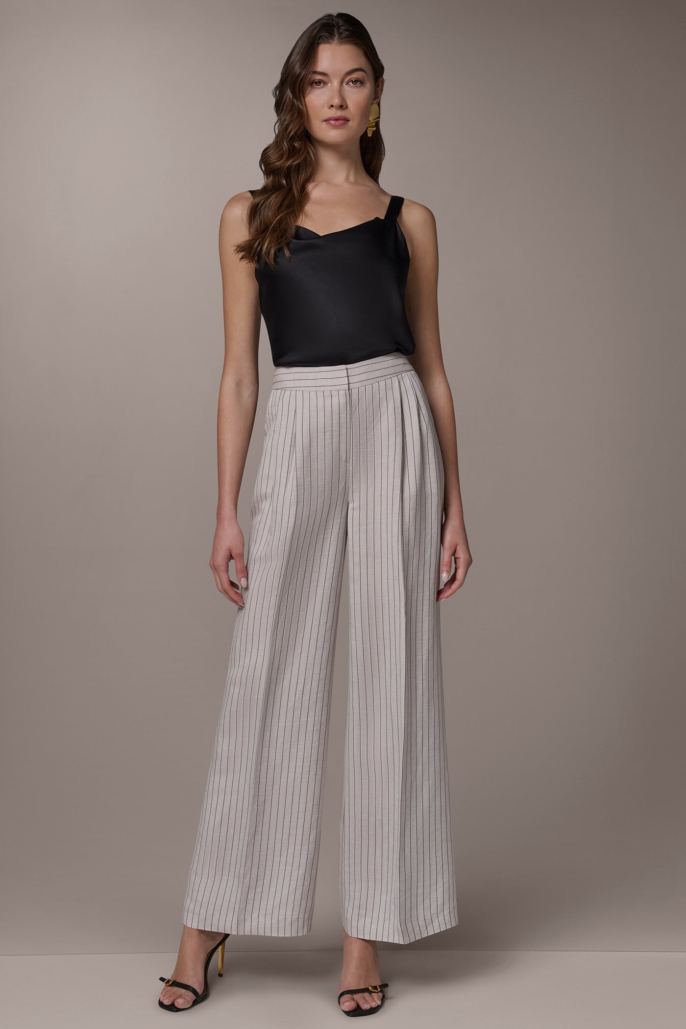 Flax/Black MID-RISE PINSTRIPE PLEATED WIDE-LEG PANT Donna Karan