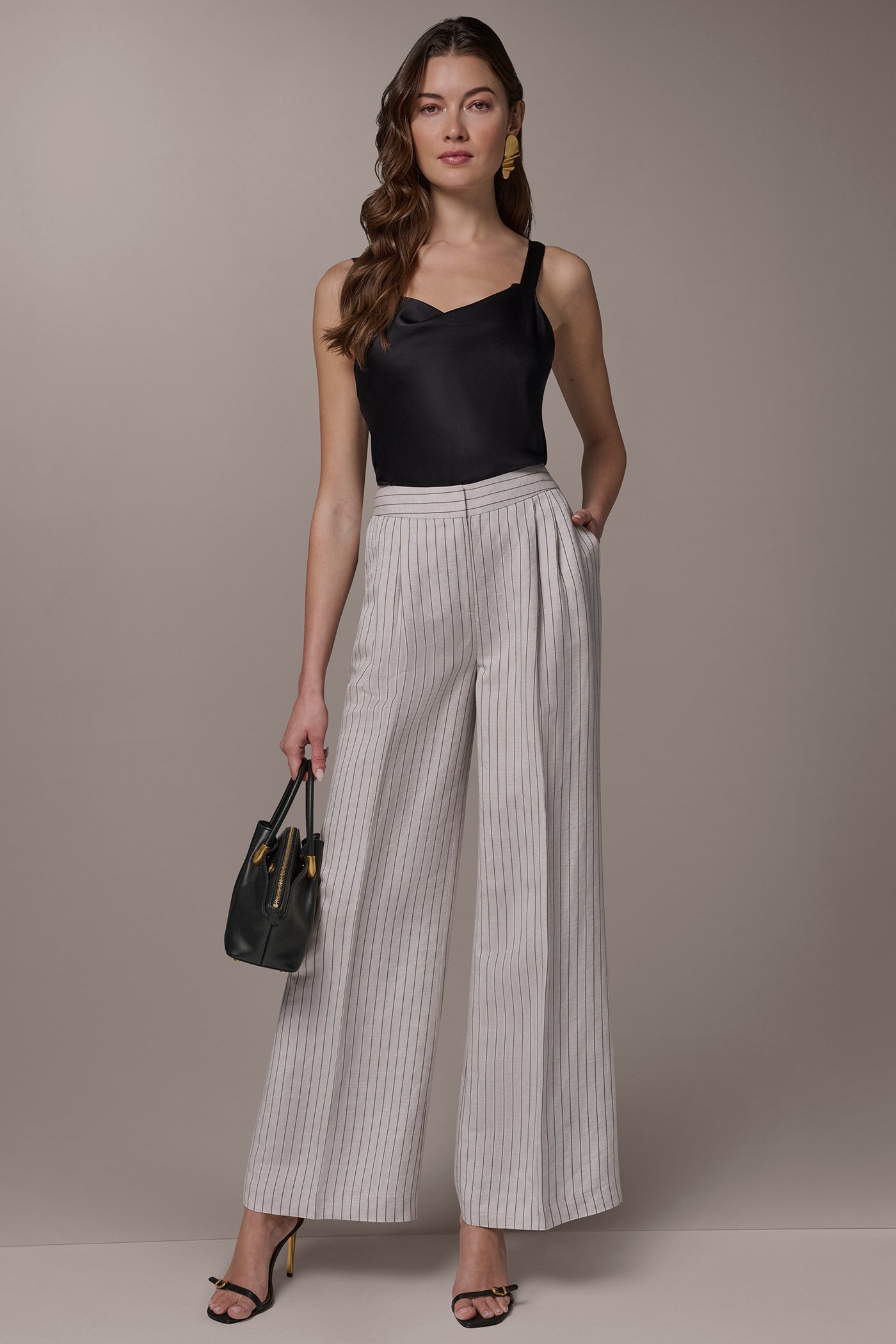 Flax/Black MID-RISE PINSTRIPE PLEATED WIDE-LEG PANT Donna Karan