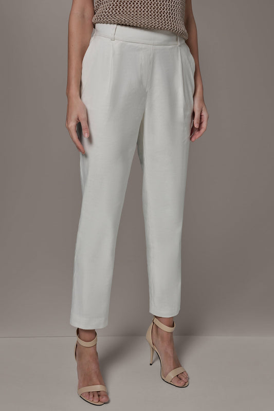 Cream LINEN-BLEND HIGH-RISE PLEATED STRAIGHT ANKLE PANT Donna Karan