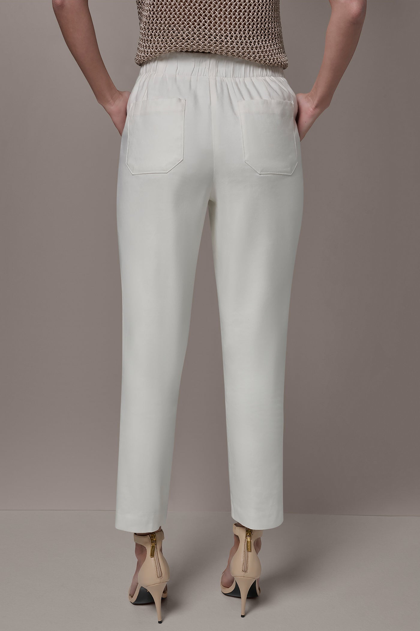 Cream LINEN-BLEND HIGH-RISE PLEATED STRAIGHT ANKLE PANT Donna Karan
