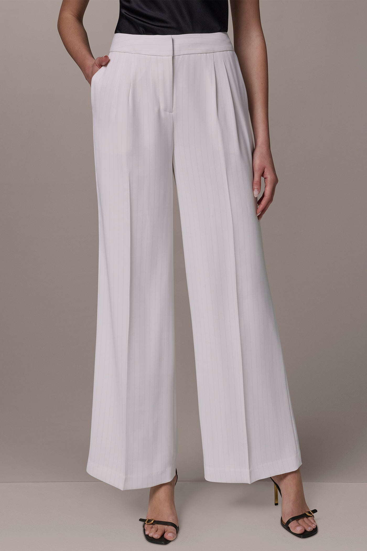Cream/Tuscan Grey MID-RISE PINSTRIPE WIDE-LEG SUIT PANT Donna Karan