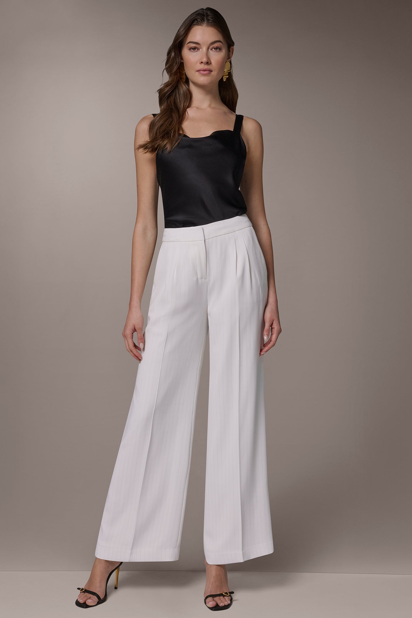 Cream/Tuscan Grey MID-RISE PINSTRIPE WIDE-LEG SUIT PANT Donna Karan