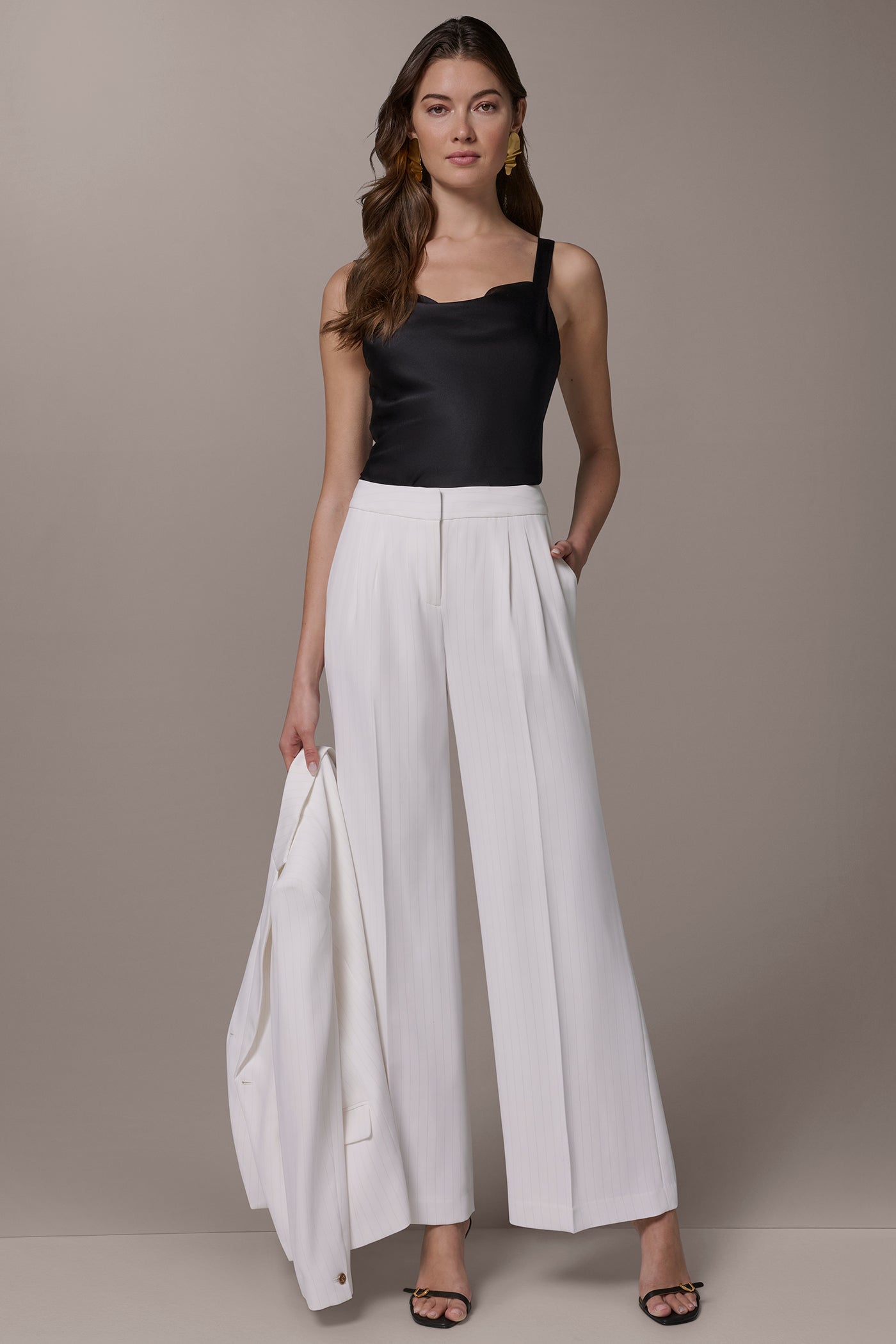 Cream/Tuscan Grey MID-RISE PINSTRIPE WIDE-LEG SUIT PANT Donna Karan