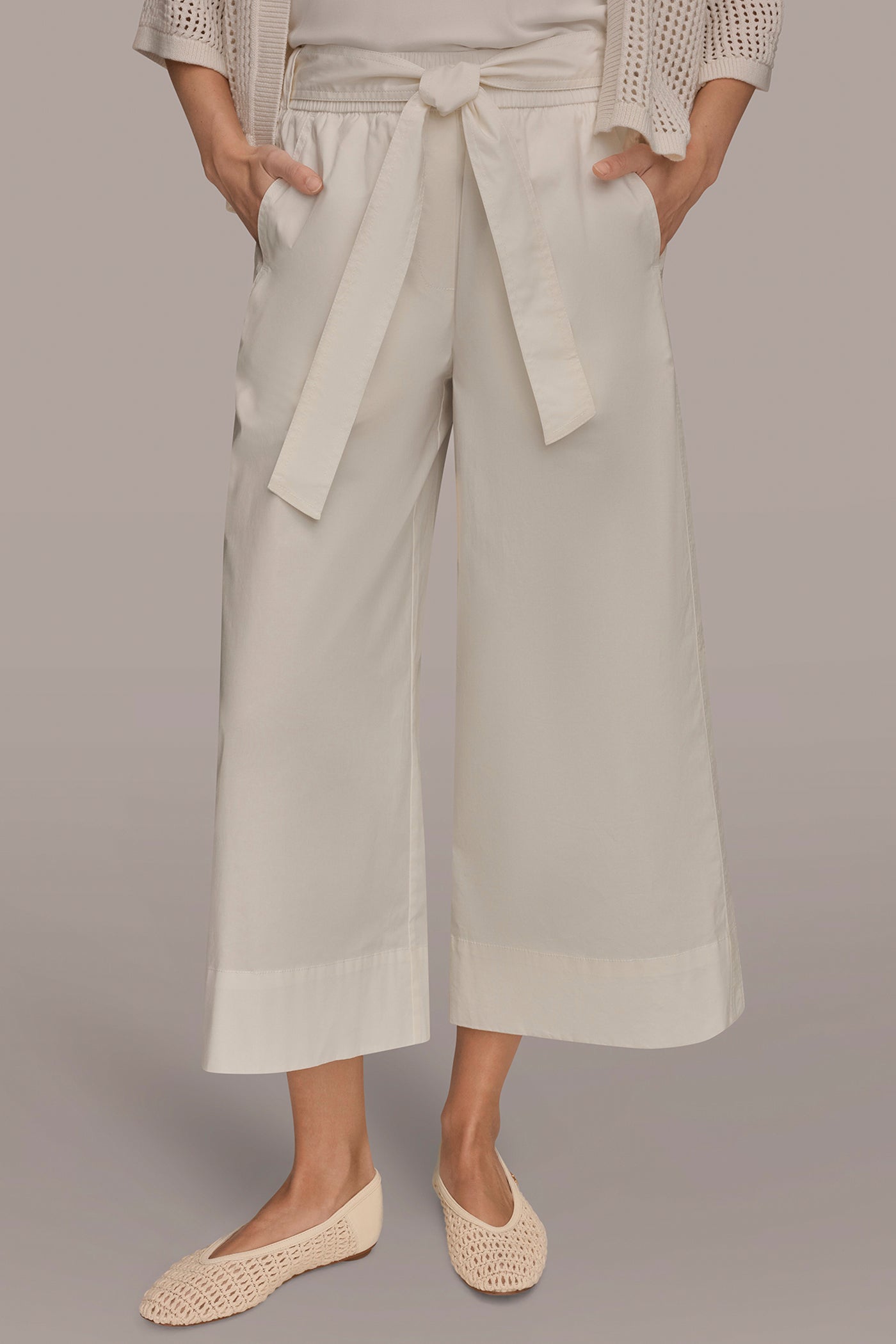 Cream CROPPED MID-RISE WIDE-LEG PANT Donna Karan