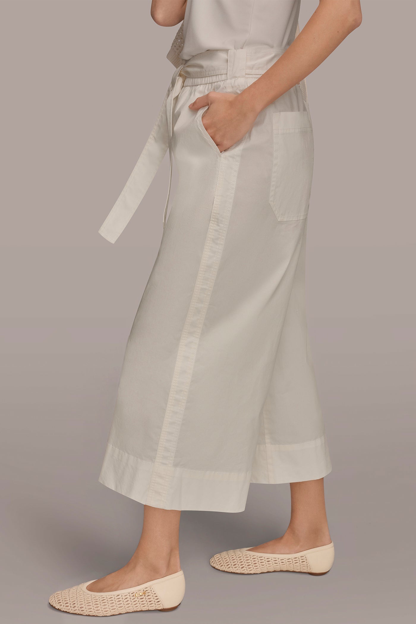 Cream CROPPED MID-RISE WIDE-LEG PANT Donna Karan