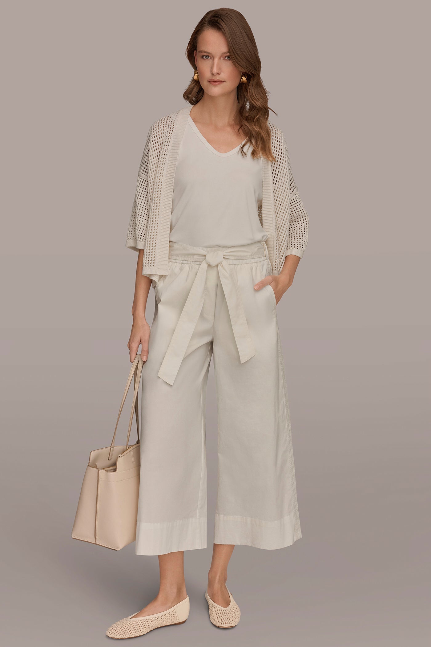 Cream CROPPED MID-RISE WIDE-LEG PANT Donna Karan