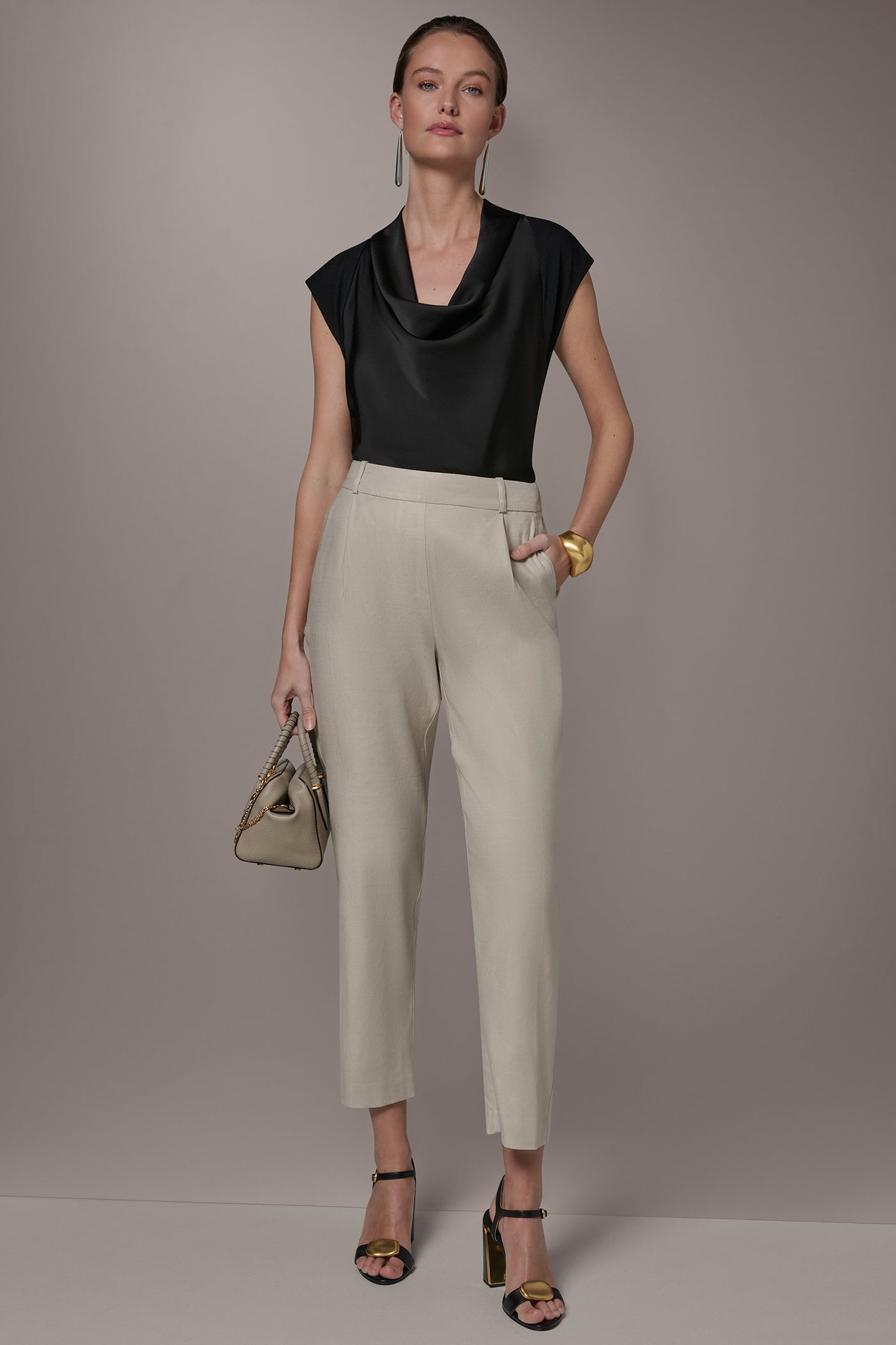 Tuscan Grey LINEN-BLEND PLEATED STRAIGHT ANKLE PANT Donna Karan