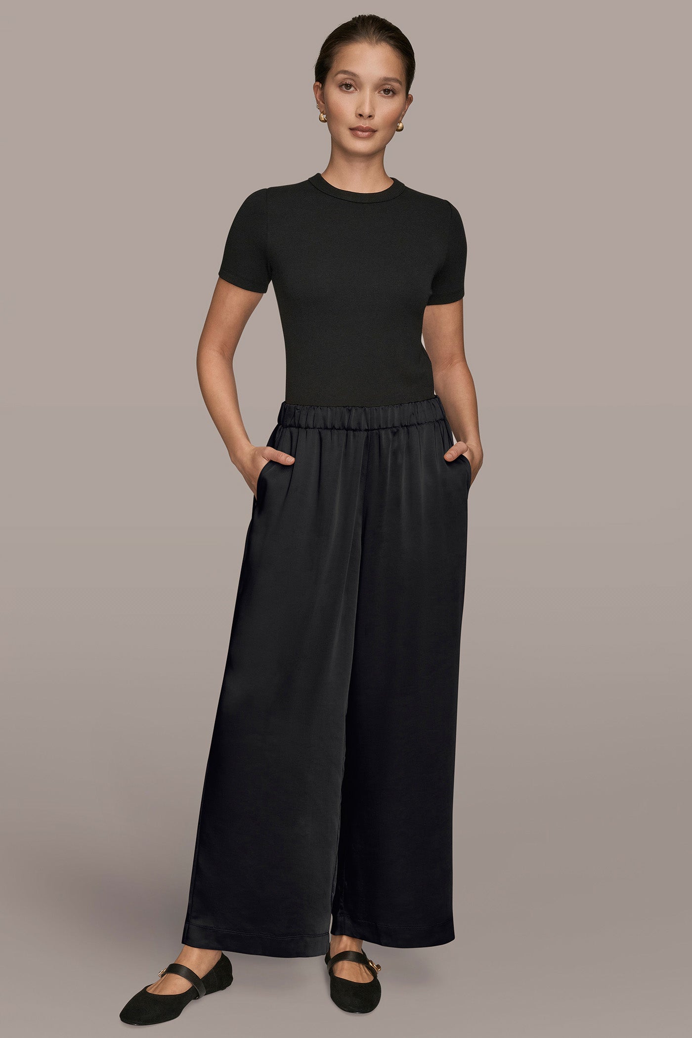 Black SATIN MID-RISE RELAXED PANT Donna Karan