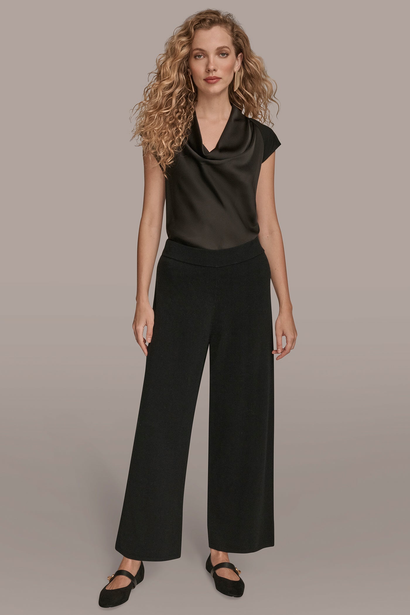 Black HIGH-RISE WIDE-LEG SWEATER ANKLE PANT Donna Karan