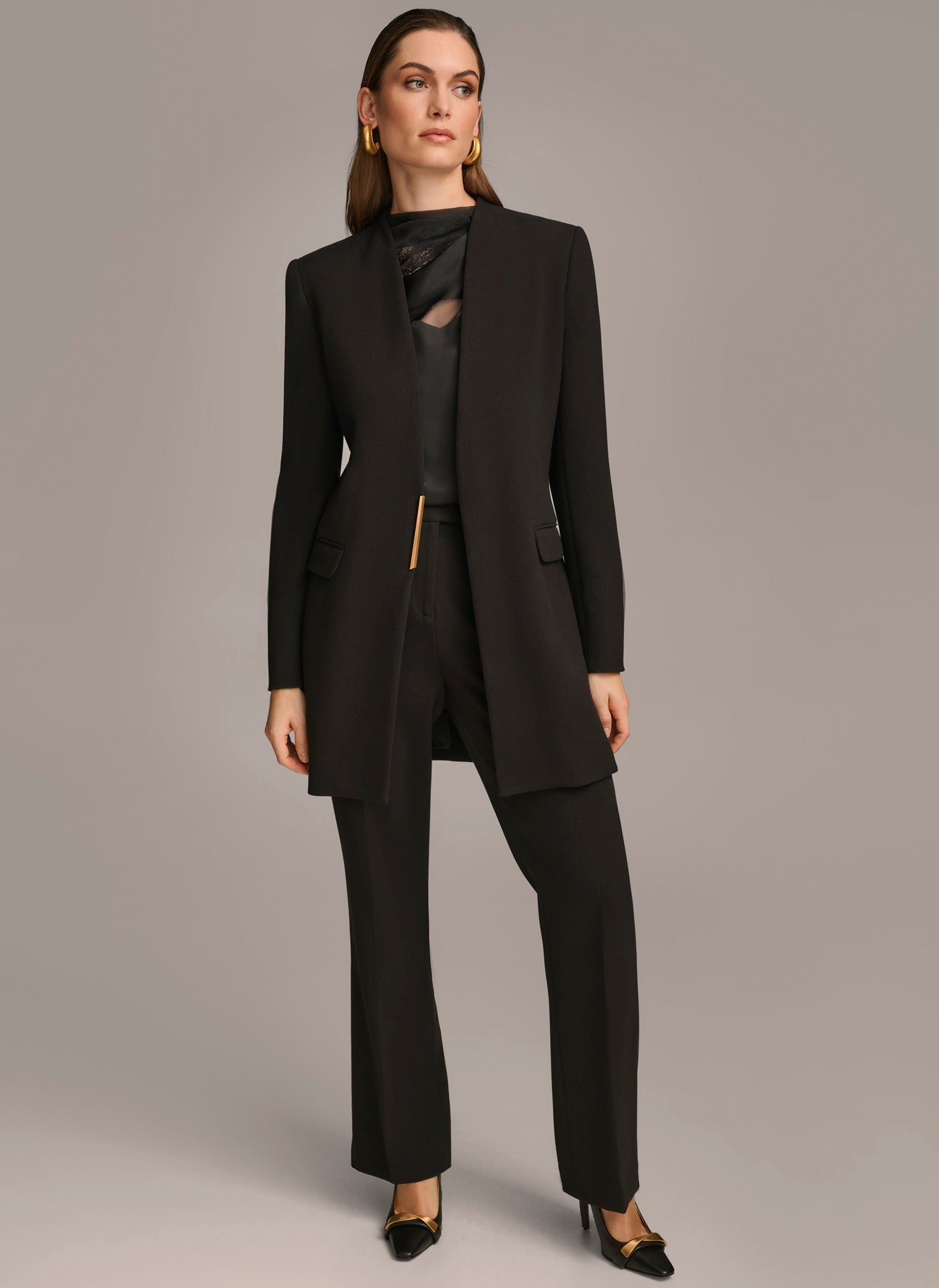 Black ONE BUTTON COLLARLESS TOPPER Donna Karan