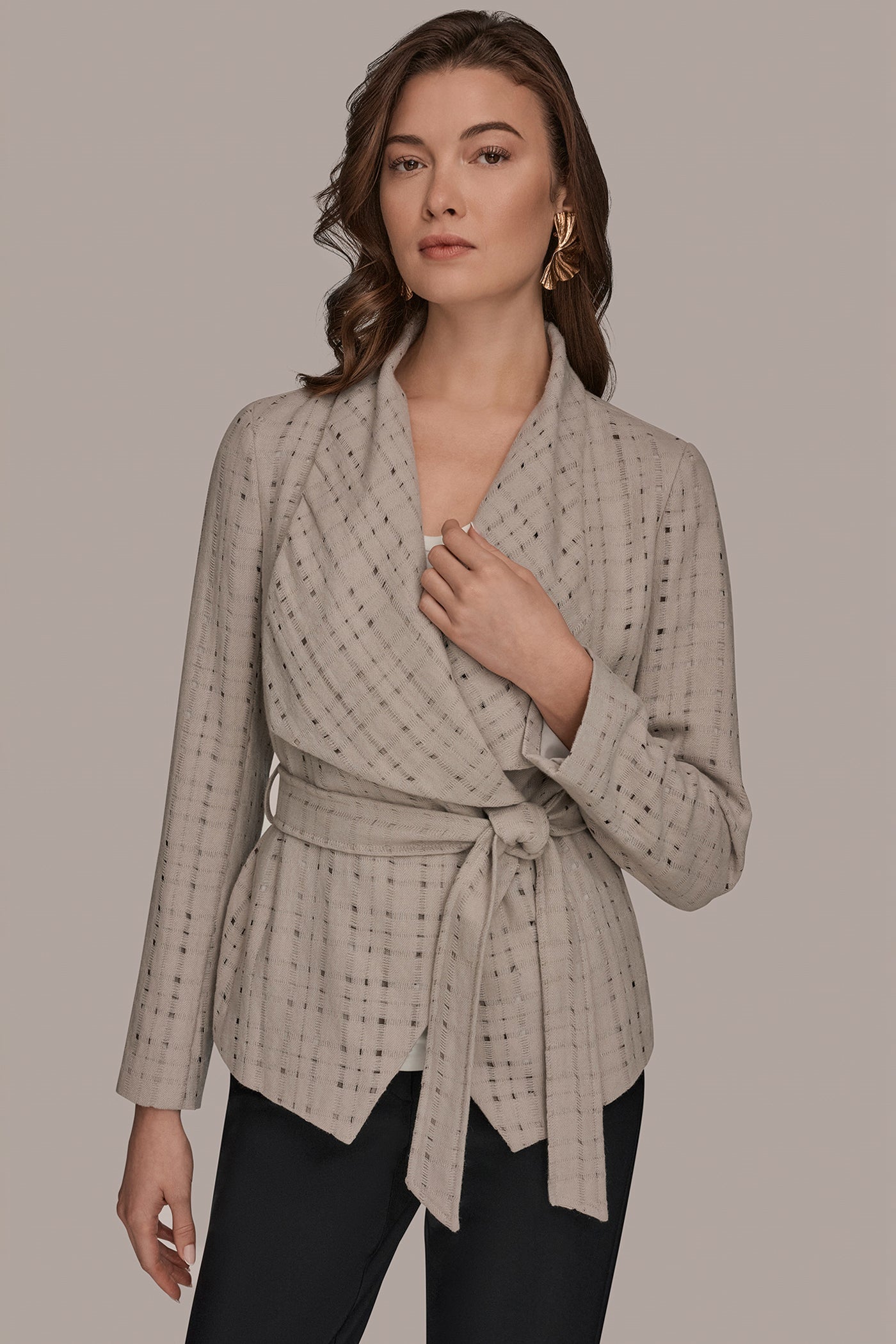 VAPOR PERFORATED WRAP JACKET WITH BELT Donna Karan