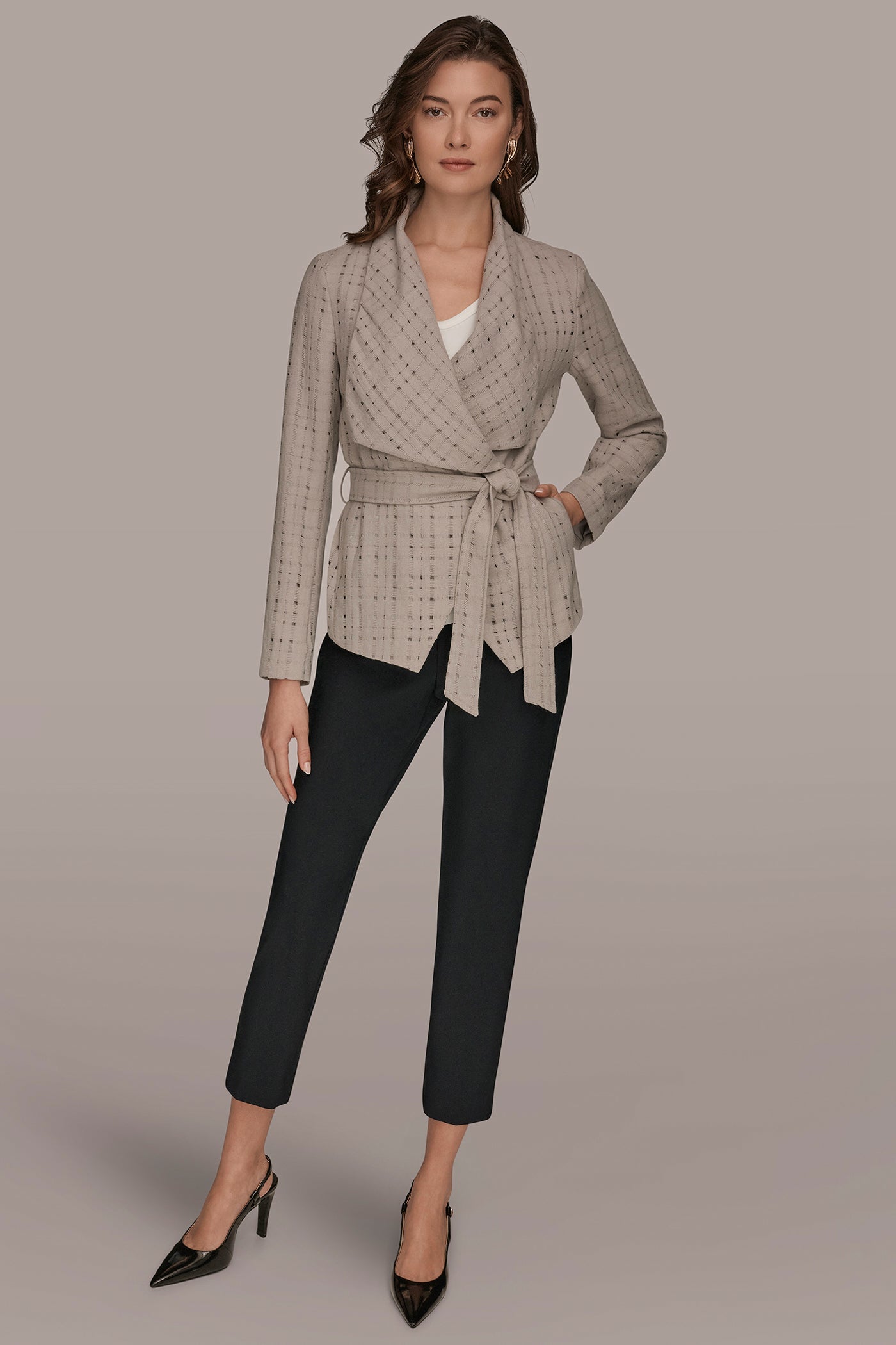 VAPOR PERFORATED WRAP JACKET WITH BELT Donna Karan