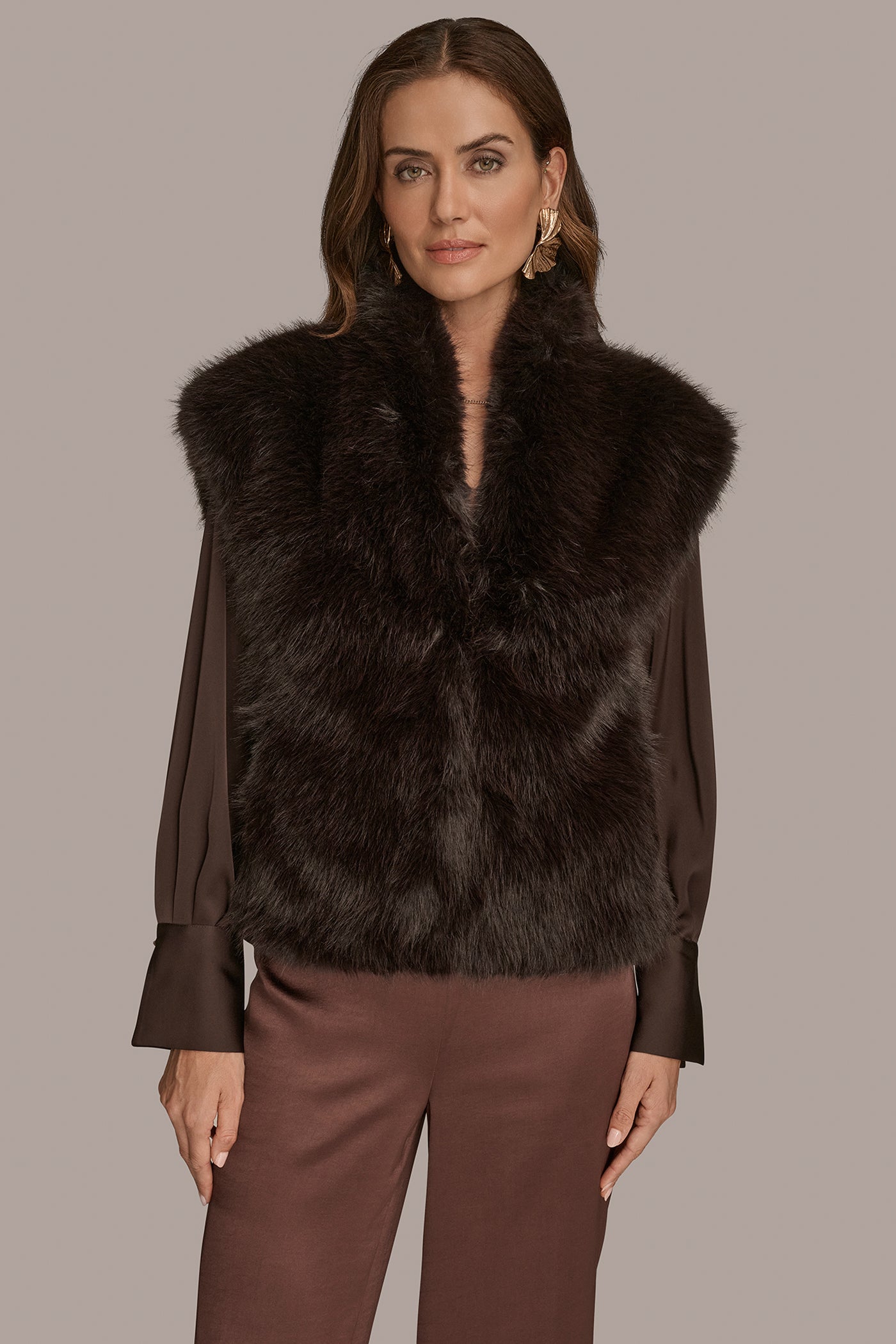 CHOCOLATE PLUM FAUX FUR VEST Donna Karan