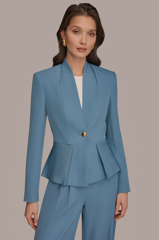 Washed Indigo COLLARLESS PLEATED PEPLUM BLAZER Donna Karan