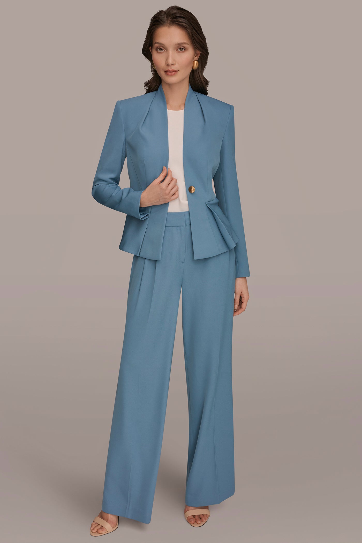 Washed Indigo COLLARLESS PLEATED PEPLUM BLAZER Donna Karan