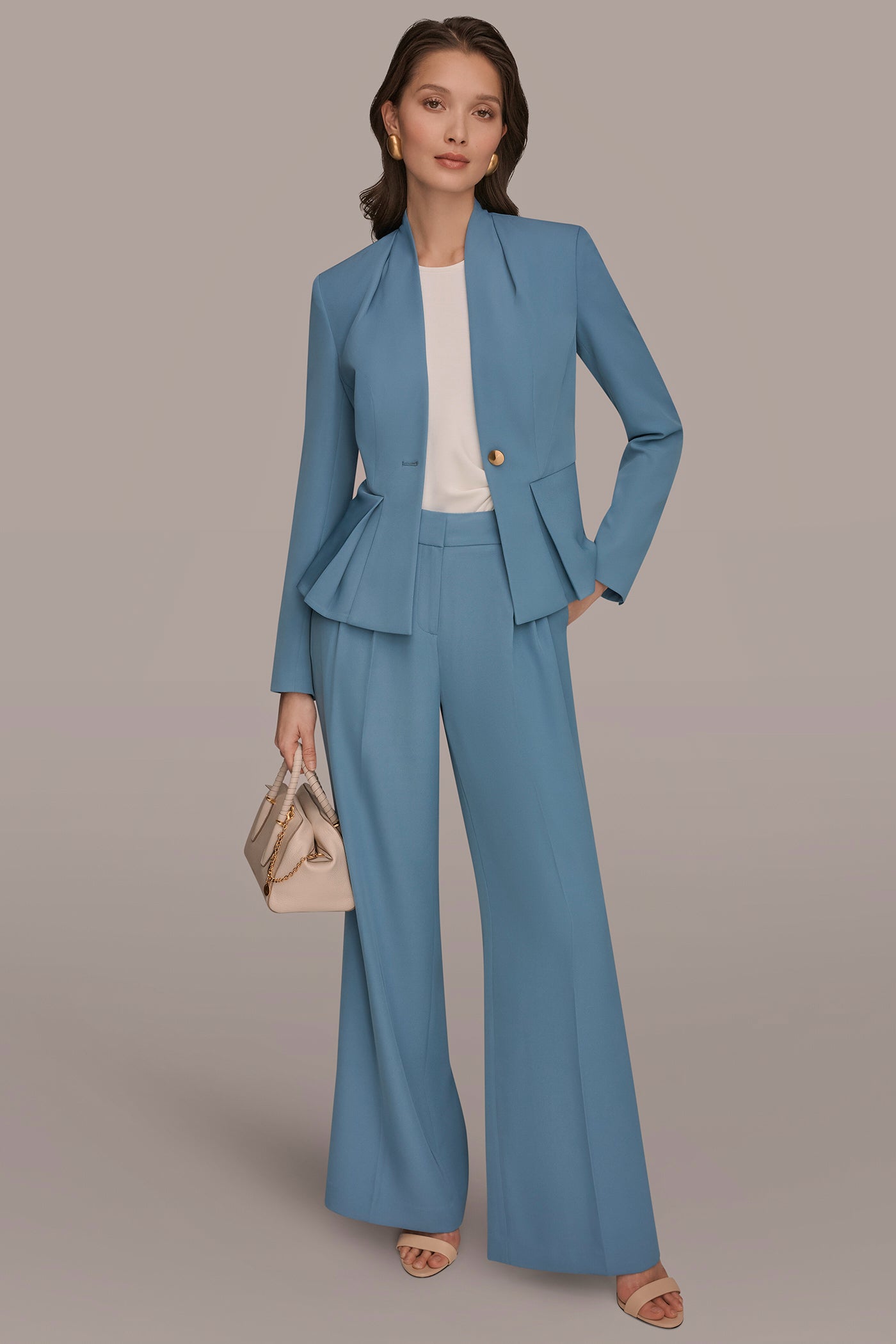 Washed Indigo COLLARLESS PLEATED PEPLUM BLAZER Donna Karan
