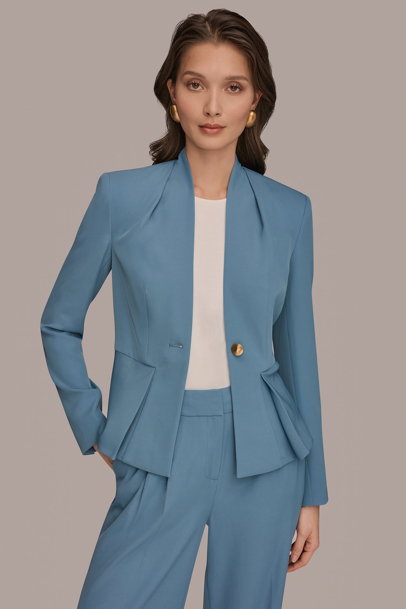 Washed Indigo COLLARLESS PLEATED PEPLUM BLAZER Donna Karan