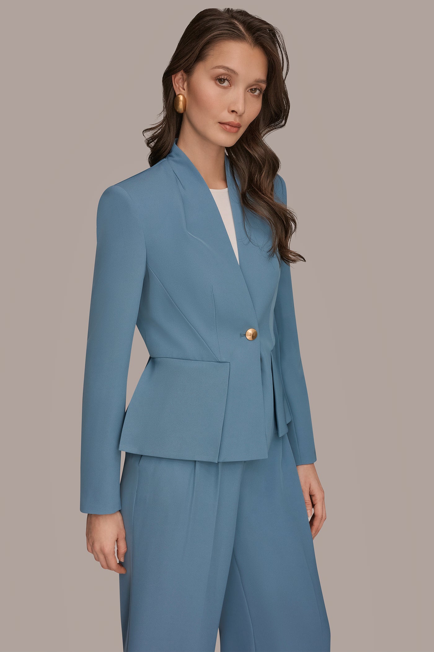 Washed Indigo COLLARLESS PLEATED PEPLUM BLAZER Donna Karan