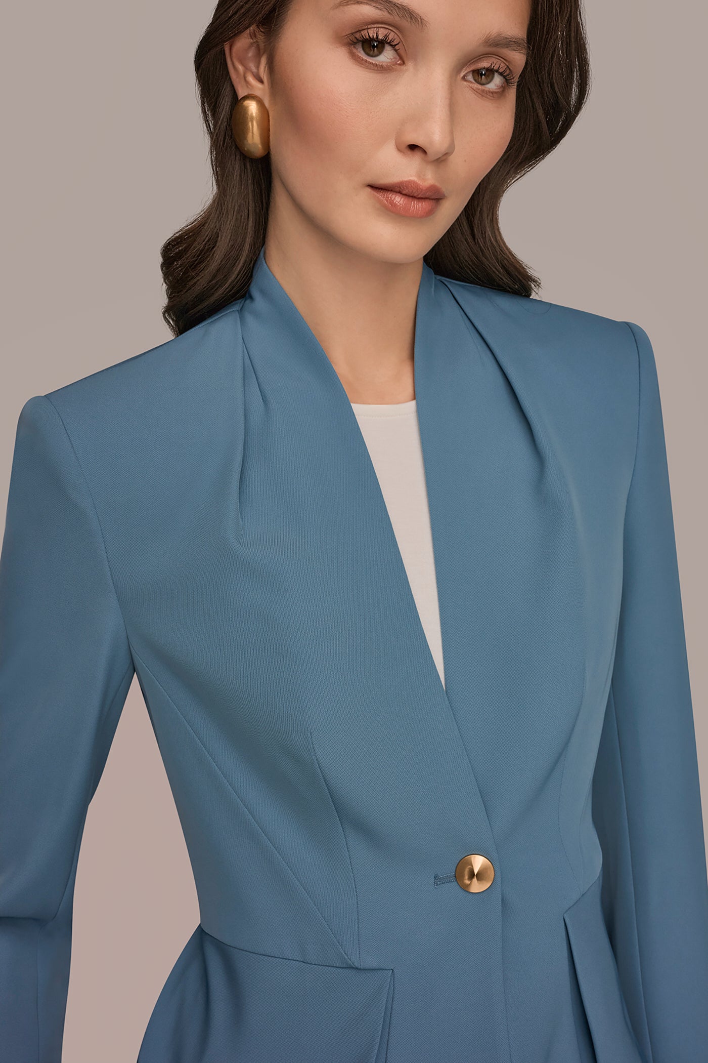 Washed Indigo COLLARLESS PLEATED PEPLUM BLAZER Donna Karan