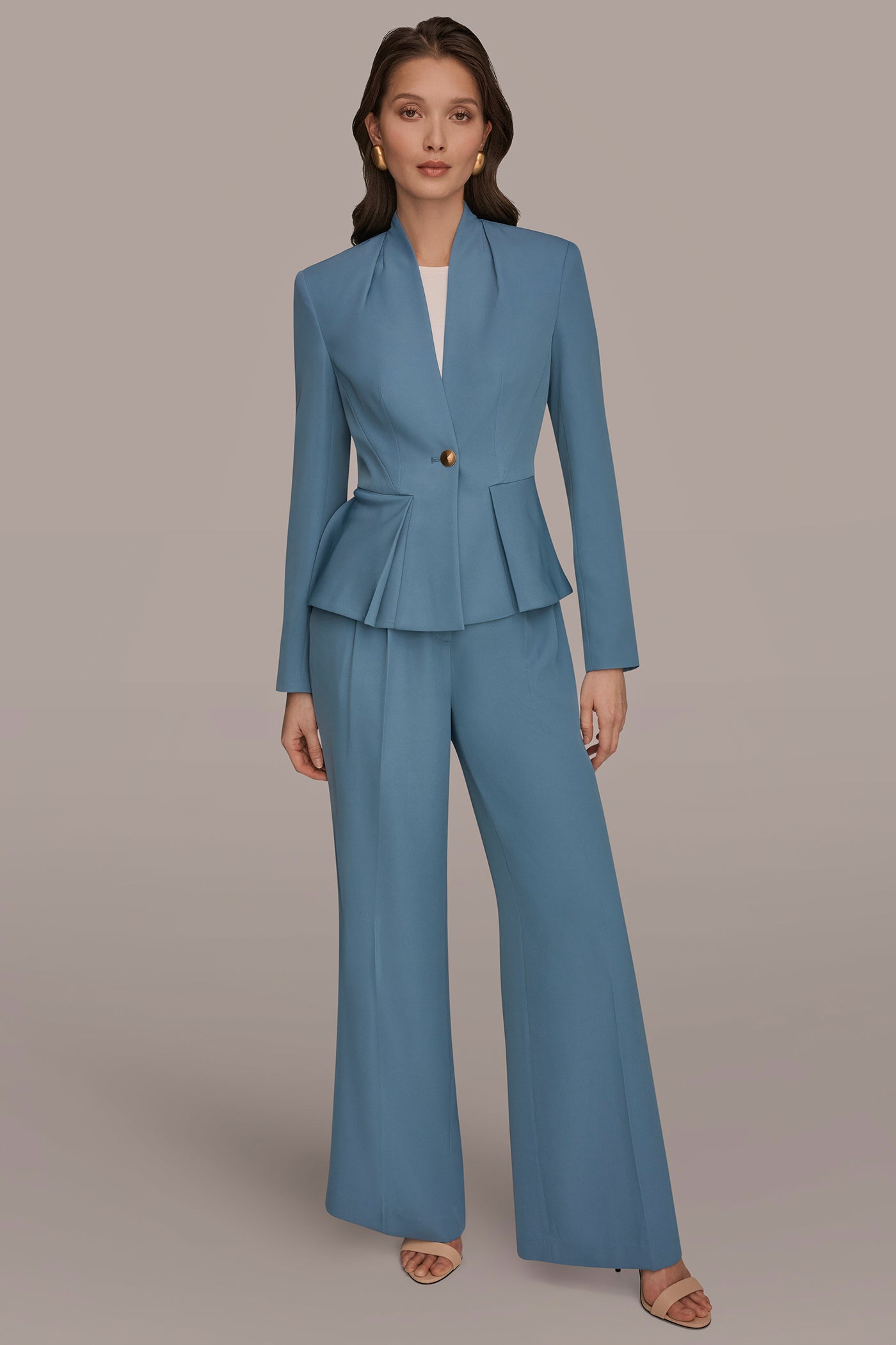 Washed Indigo COLLARLESS PLEATED PEPLUM BLAZER Donna Karan