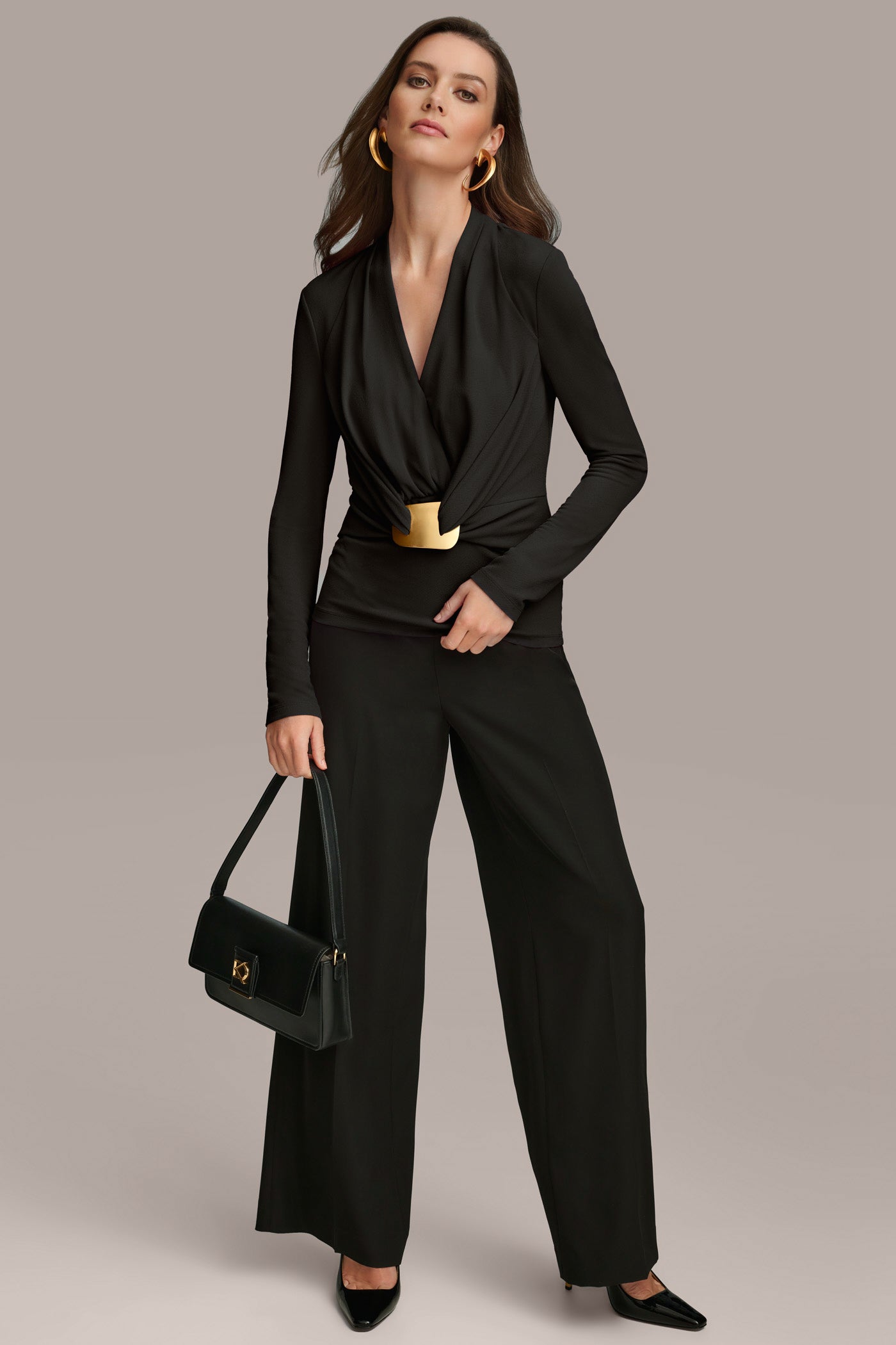 Black FAUX WRAP WITH HARDWARE TOP Donna Karan