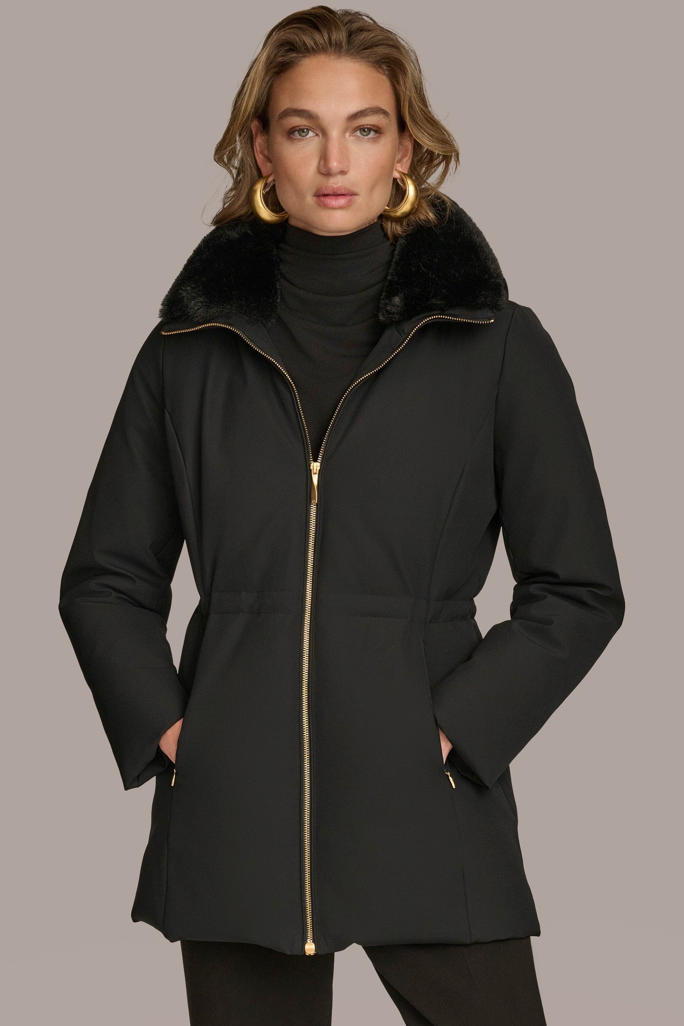 Black FAUX FUR LINED PUFFER Donna Karan