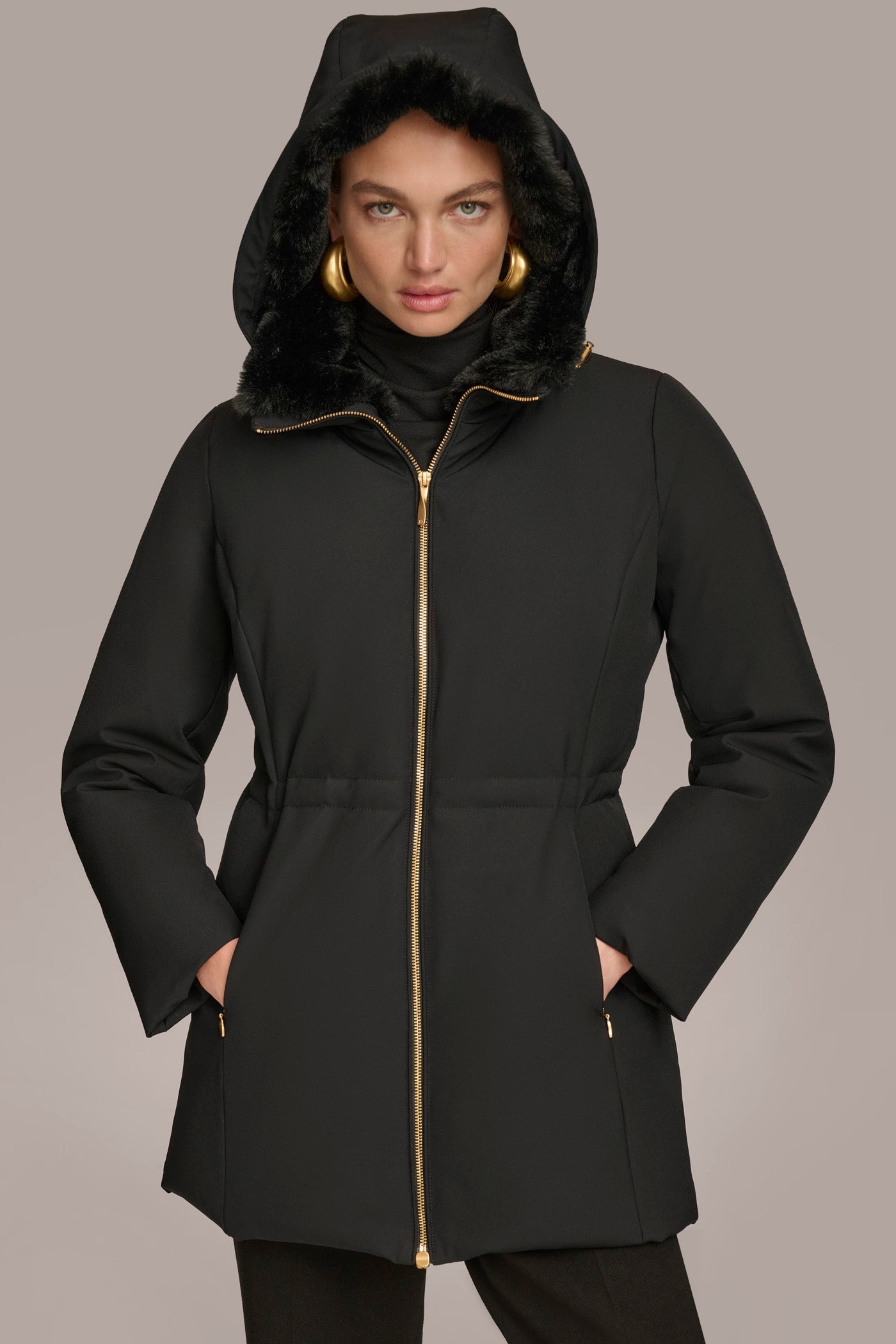 Black FAUX FUR LINED PUFFER Donna Karan