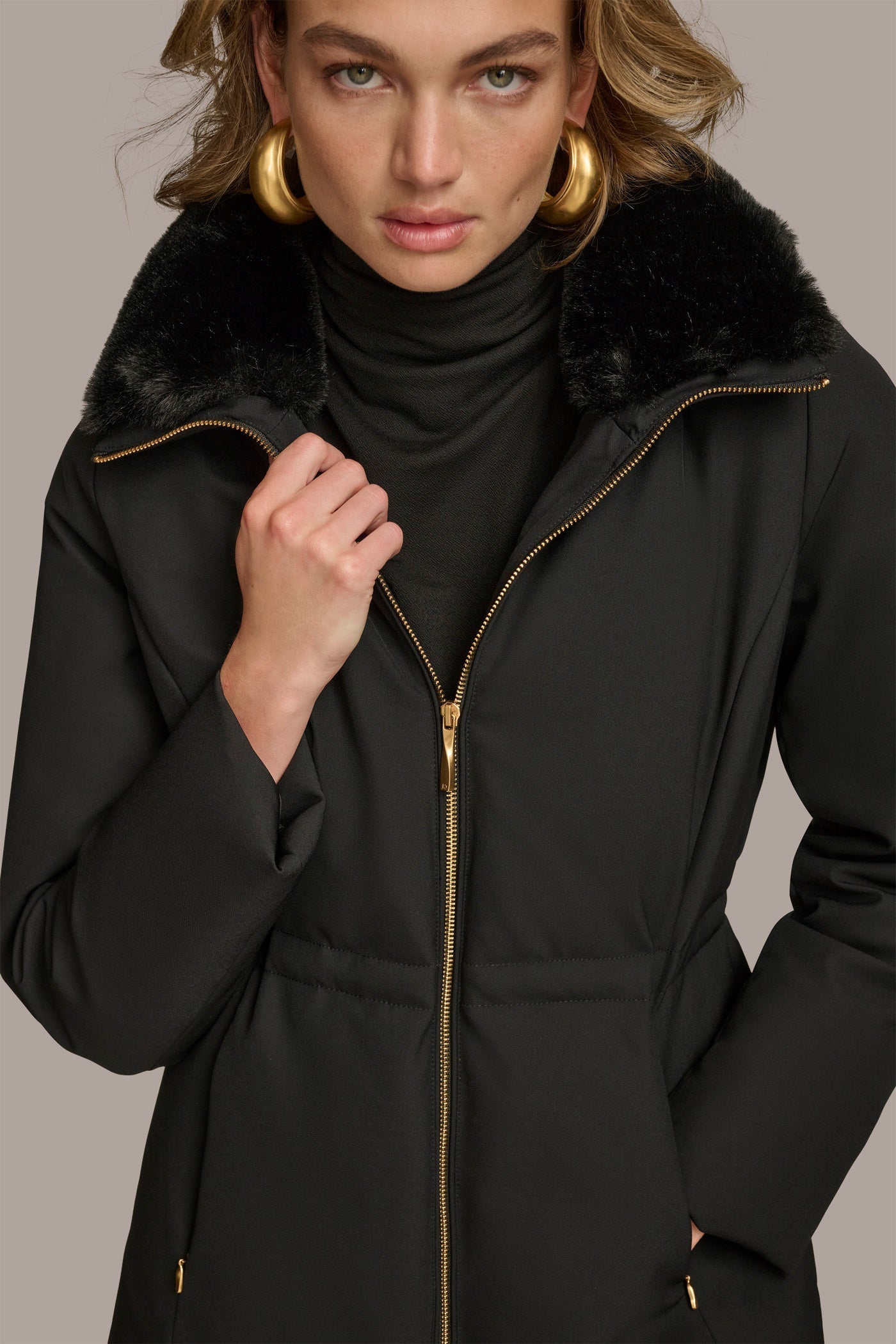 Black FAUX FUR LINED PUFFER Donna Karan